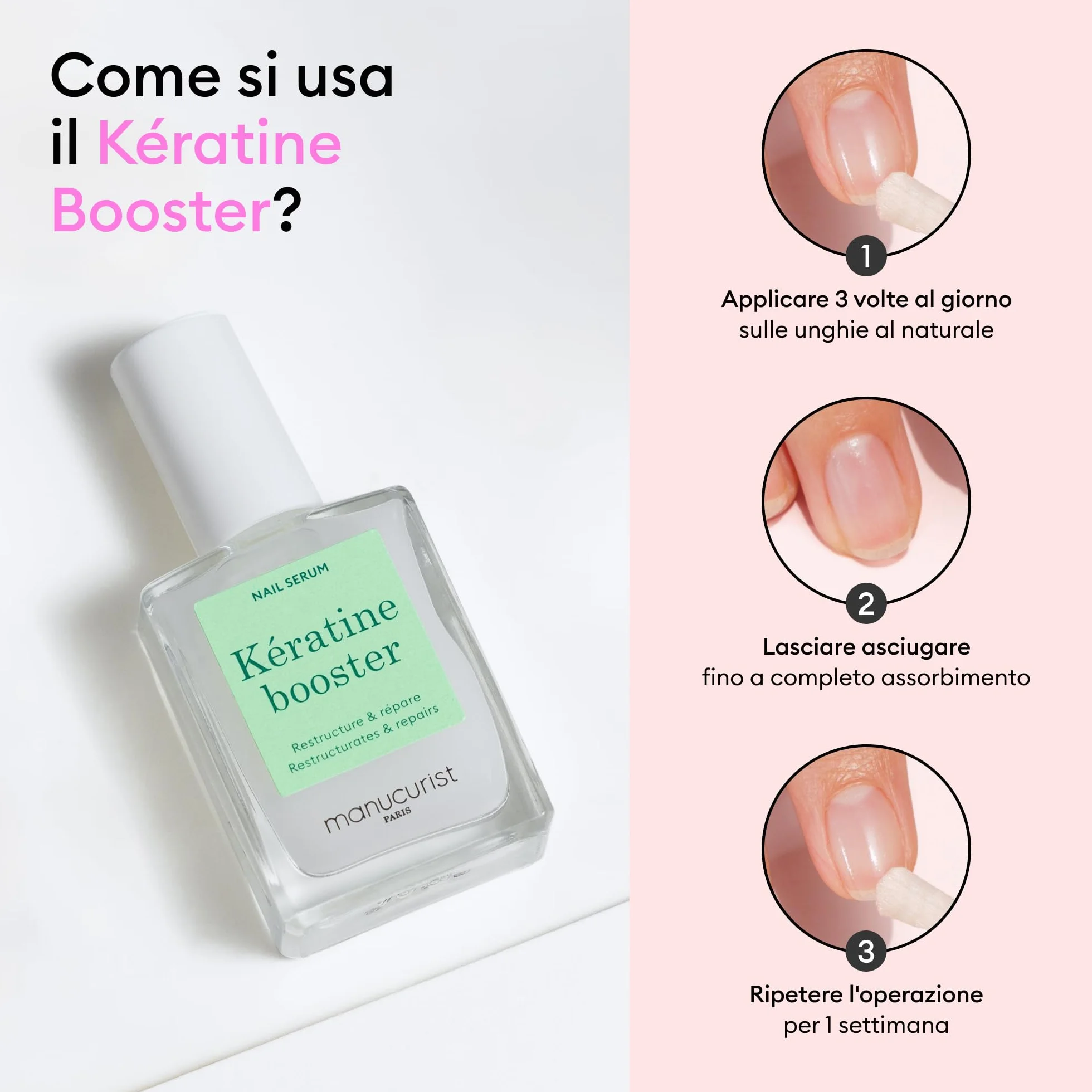 Manucurist Kératine Booster Indurente Unghie - Smalto Rinforzante Unghie Fragili con Cheratina Vegetale, AHA, PHA, MSM, Silicio e Vitamina B8