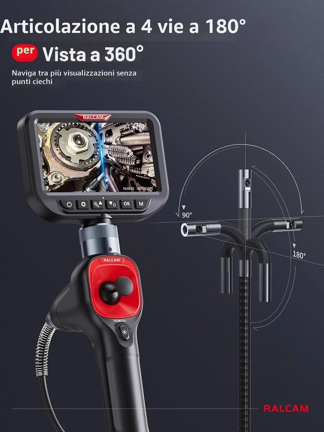 Ralcam Telecamera Endoscopica 360° a Doppio Obiettivo, Schermo HD 5", Sonda 6,5 mm, Impermeabile IP67, 6+1 LED, Cavo 1,5 m