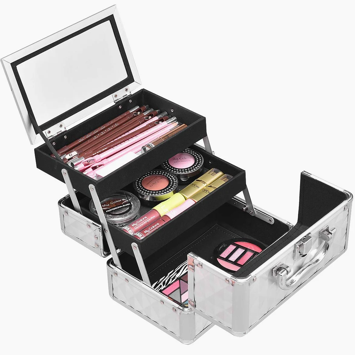 LIFEZEAL Valigetta Rigida Professionale per Trucchi a 3 Livelli, Porta Cosmetici, Trousse, Scatola, Beauty Case, Organizer Makeup, con Specchio, Manico e Chiusura, 23x15x18 cm, Argentato
