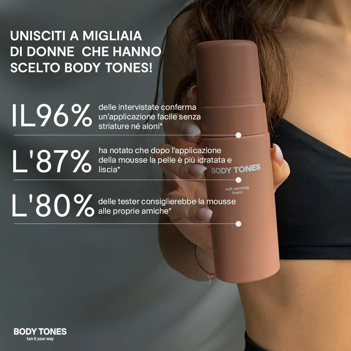 BODY TONES Schiuma Autoabbronzante Set 155 ml con Guanto – Autoabbronzante Corpo, Self Tan Naturale, Mousse Idratante