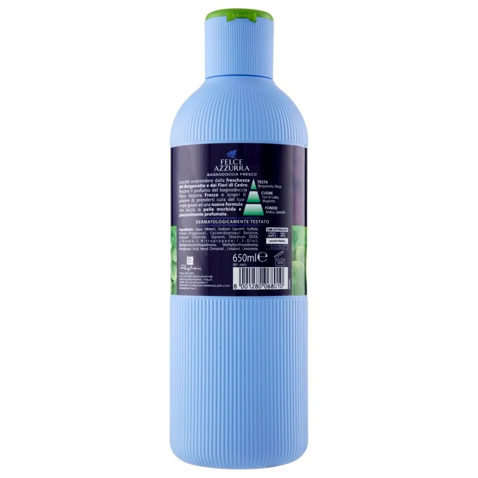 Felce Azzurra Bagnodoccia Fresco - 12 panni per il corpo, gel doccia con fiori di bergamotto e cedro, profumo inconfondibile, idrata la pelle 650 ml + portachiavi Beni Culinari