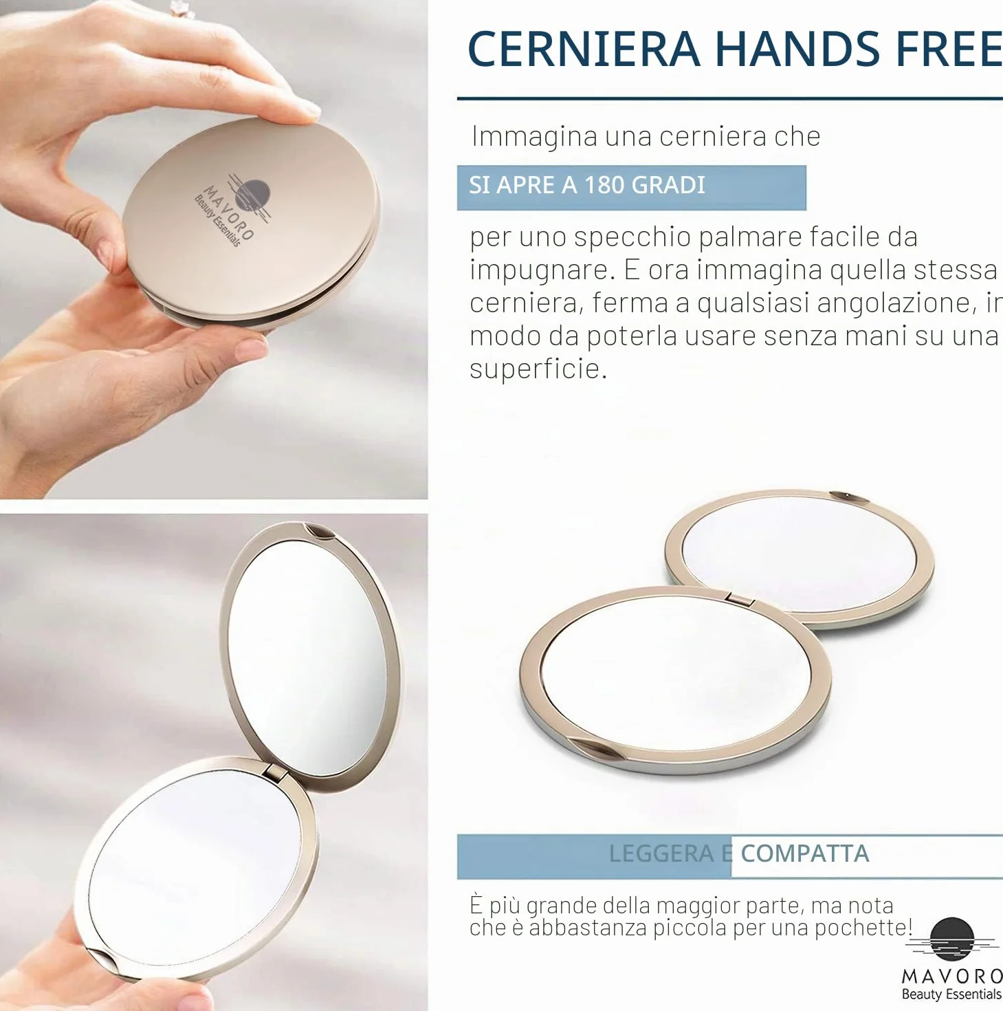 Specchio Compatto 10X per Borse, Specchio da Viaggio a due Lati Trucco, 10cm Tascabile Piccolo (Champagne Oro)