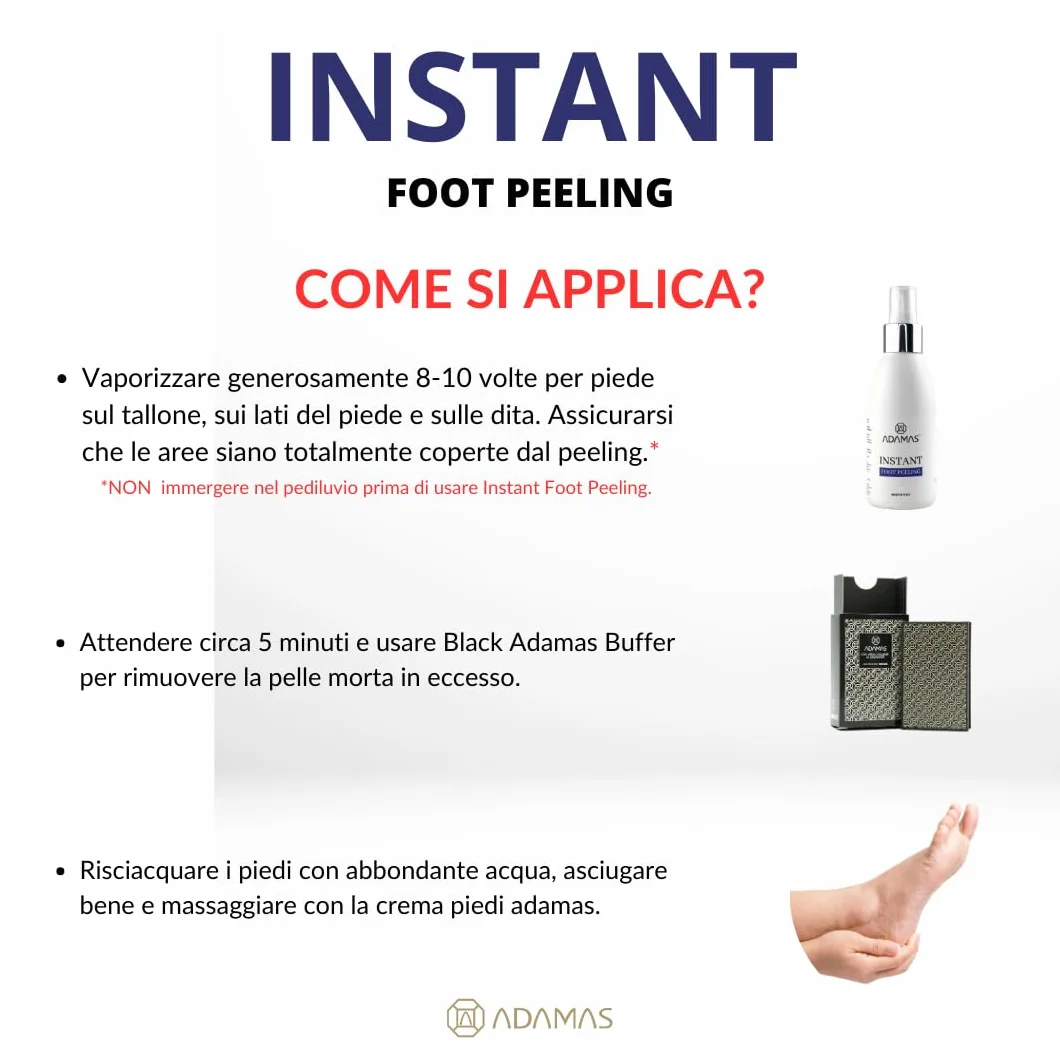ADAMAS Kit Instant Foot Peeling -Trattamento Piedi Rimozione Calli Istantaneo in soli 5 minuti - Rimuovi facilmente la pelle secca e ruvida - 1x50ml + 1pz (Kit Buffer+ Instant Peeling)