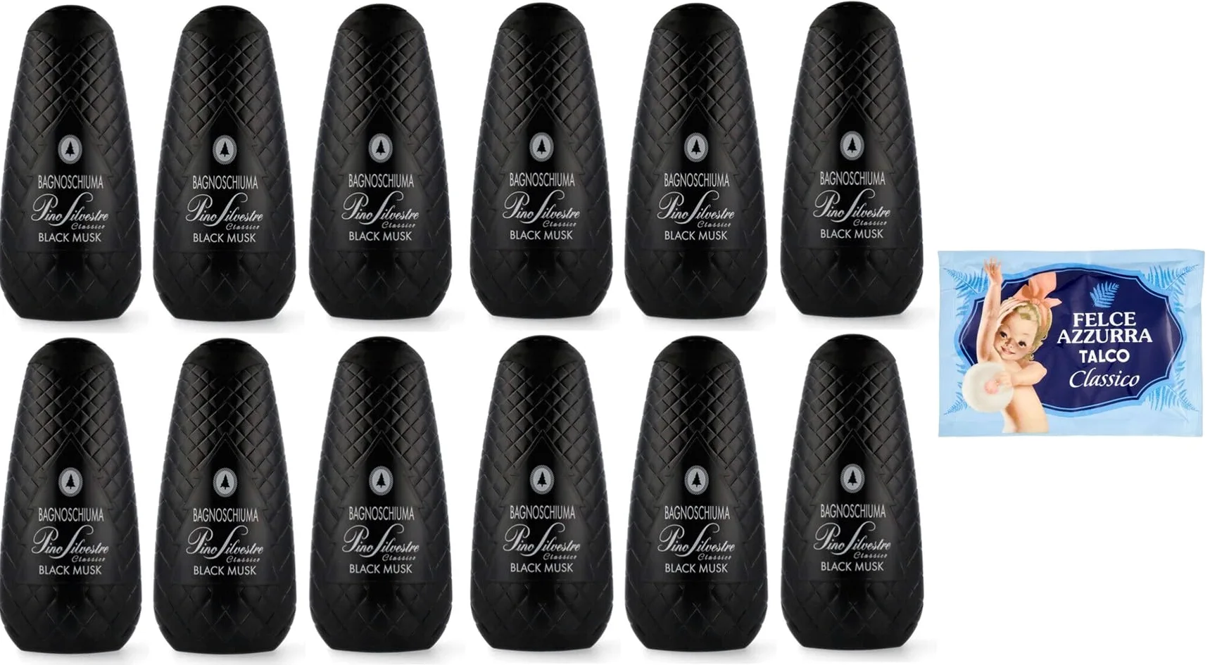 Confezione da 12 Pino Silvestre Bath Foam Bagnoschiuma Classico Black Musk, gel doccia 750 ml + 1 polvere di talco FELCE AZZURRA da 100 g