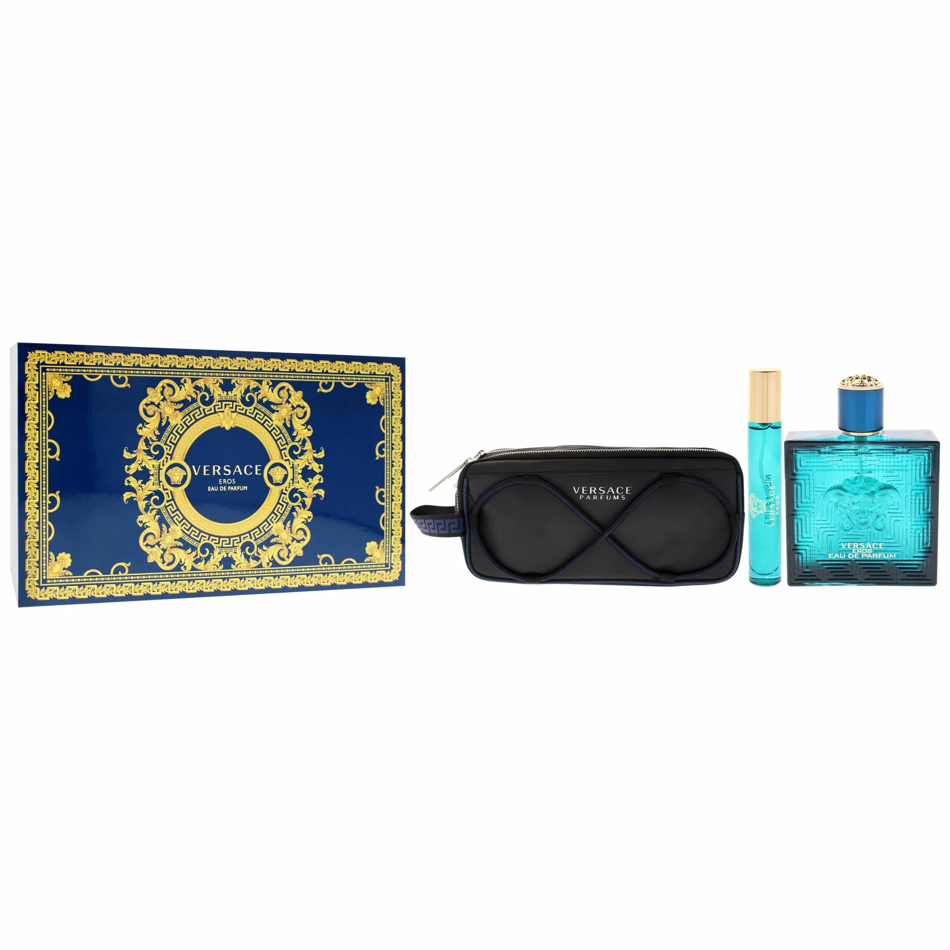 Versace Eros Eau de Parfum set regalo 2025-100 ml EDP, spray da viaggio e borsa per articoli da toeletta
