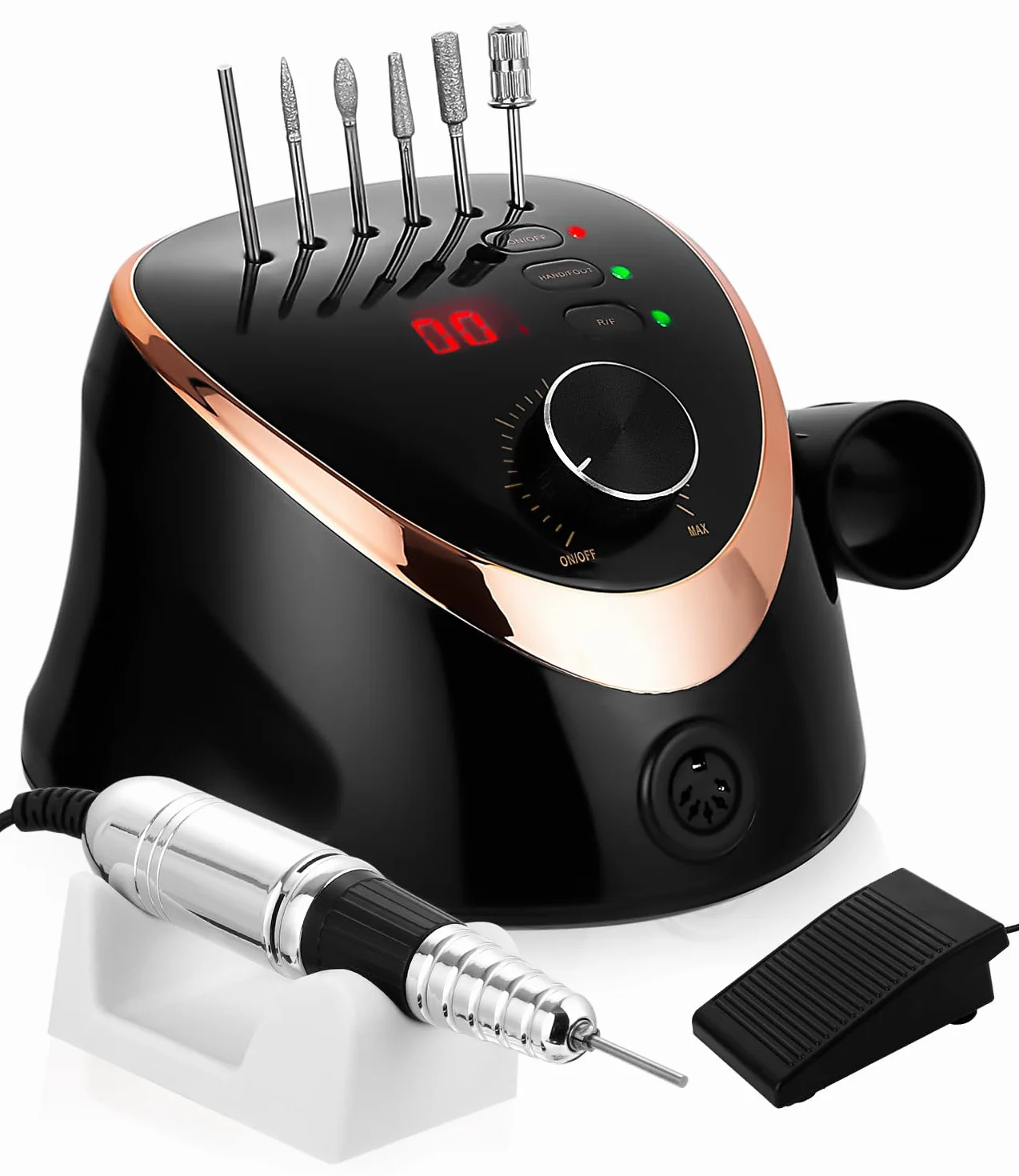 Fresa per Unghie Professionale 35000 Giri Trapano per Unghie Regolabile La Rettificatrice con Modalità Pedale,Display LED Elettrico di Chiodo Strumenti Fresa per unghie acriliche gel Pedicure Nero | Fresa per unghie con indicatore LED, pedale, velocità re