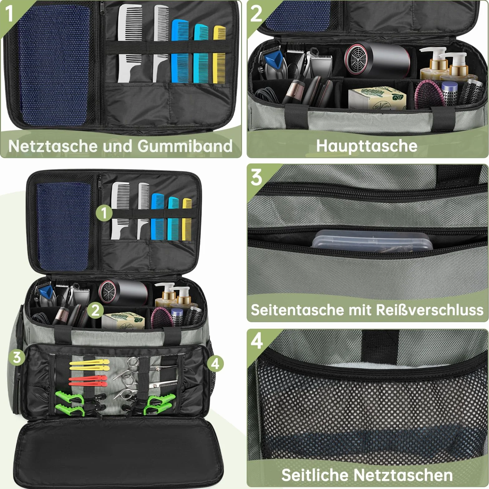 Borsa da parrucchiere professionale portatile, con tasche multiple e divisioni regolabili per accessori. Ideale per parrucchieri e visagisti.