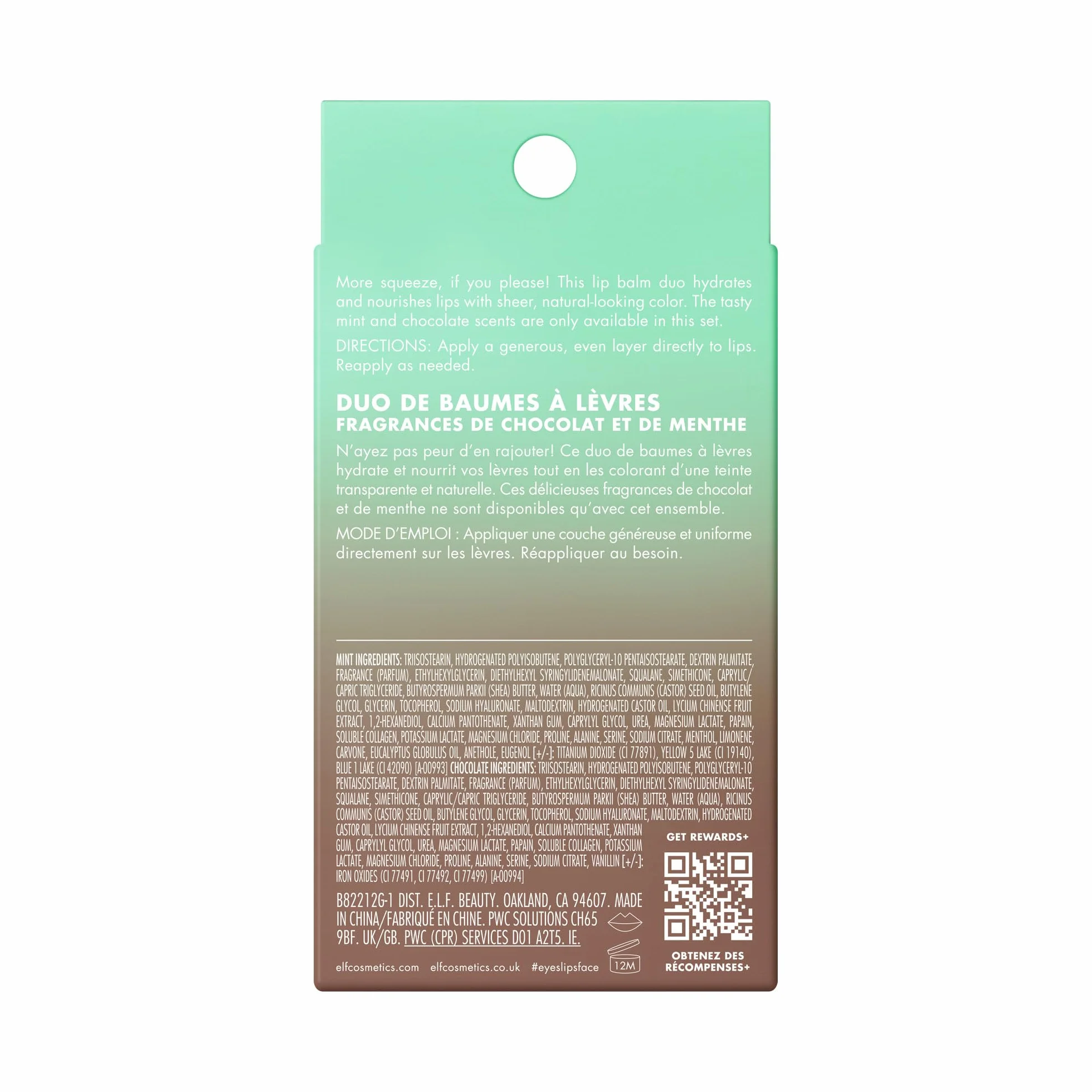 e.l.f. Squeeze Me More Lip Balm Duo, balsamo labbra idratante per un tocco di colore sheer, arricchito con acido ialuronico, prodotto vegano e non testato sugli animali, MINT/CHOCOLATE