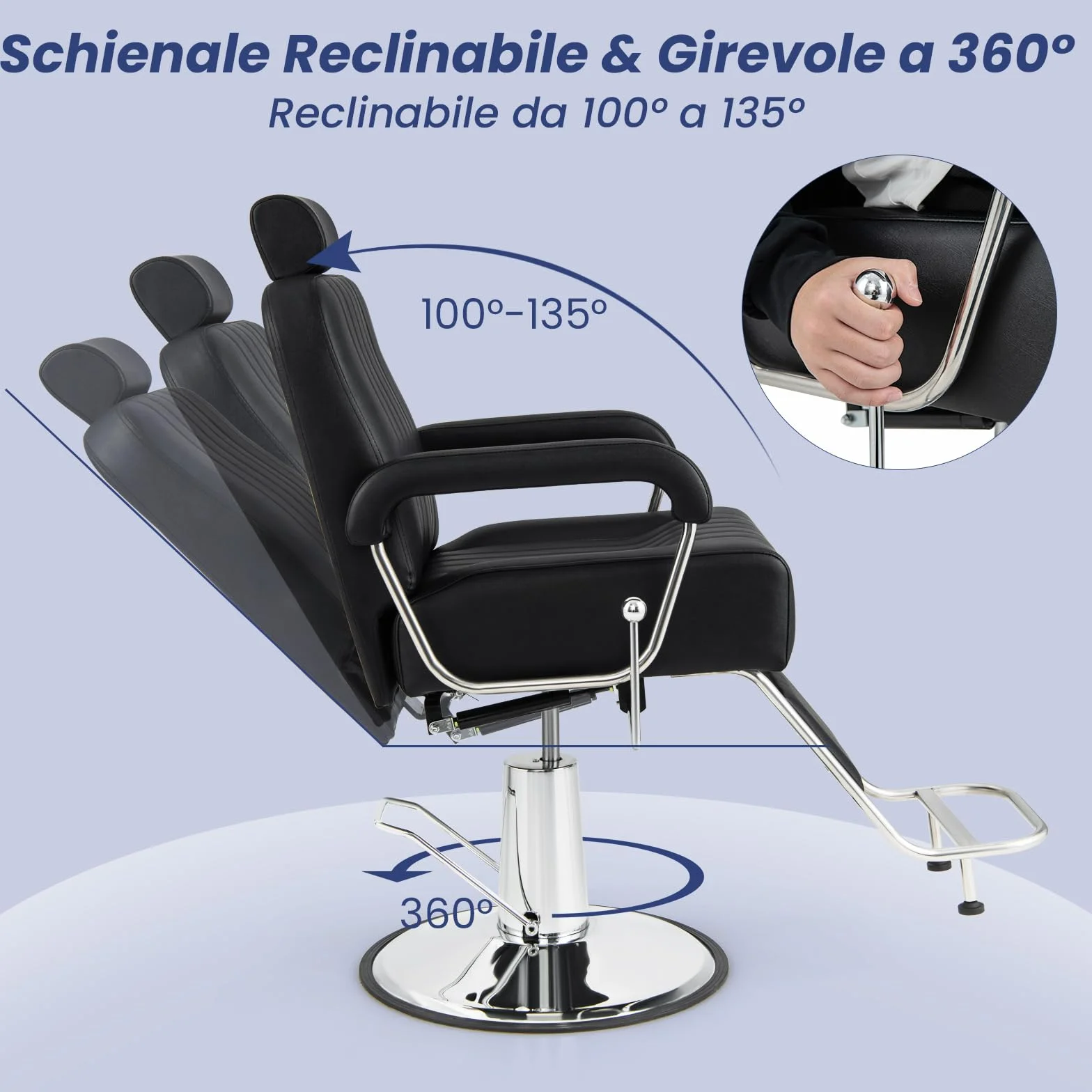 RELAX4LIFE Poltrona Parrucchiere, Sedia Barber 360° in Pelle PVC con Braccioli/Poggiapiedi, Schienale 100°-135°, Poggiatesta/Altezza Regolabile, Max 150KG per Salone (Nero, 106x60x(108-121) cm)