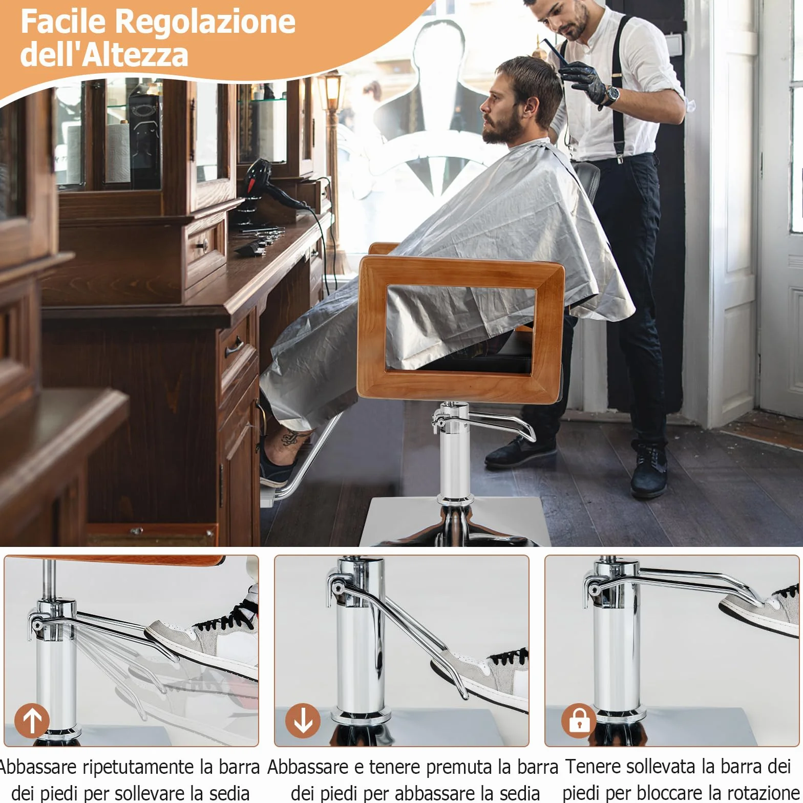 COSTWAY Poltrona da Barbiere, Sedia da Barbiere Girevole a 360°, Regolabile in Altezza 50-65 cm, con Braccioli in Legno Massello, Portata 250 kg