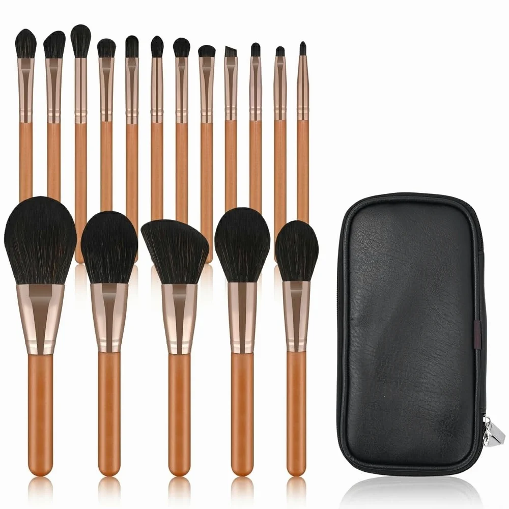 Set Pennelli Trucco 17 Pezzi Manico, Struttura compatta, Pennelli Trucco Base, Sfumature, Per Giovani Artiste, Set di 17 pennelli per trucco rosso acero con borsa con cerniera in PU nera