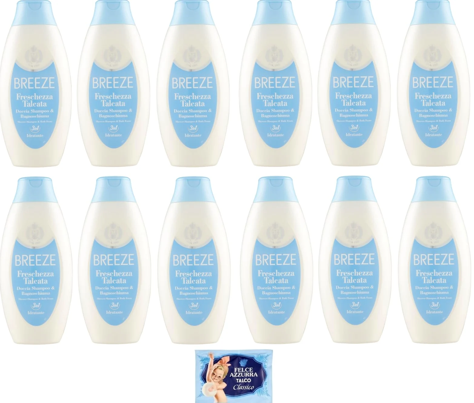 12x BREEZE Freschezza Talcata Doccia Shampoo e Bagnoschiuma, profumo di talco, deterge efficacemente corpo pelle e capelli 400ml + 1 Busta di Talco Felce Azzurra in omaggio da 100g