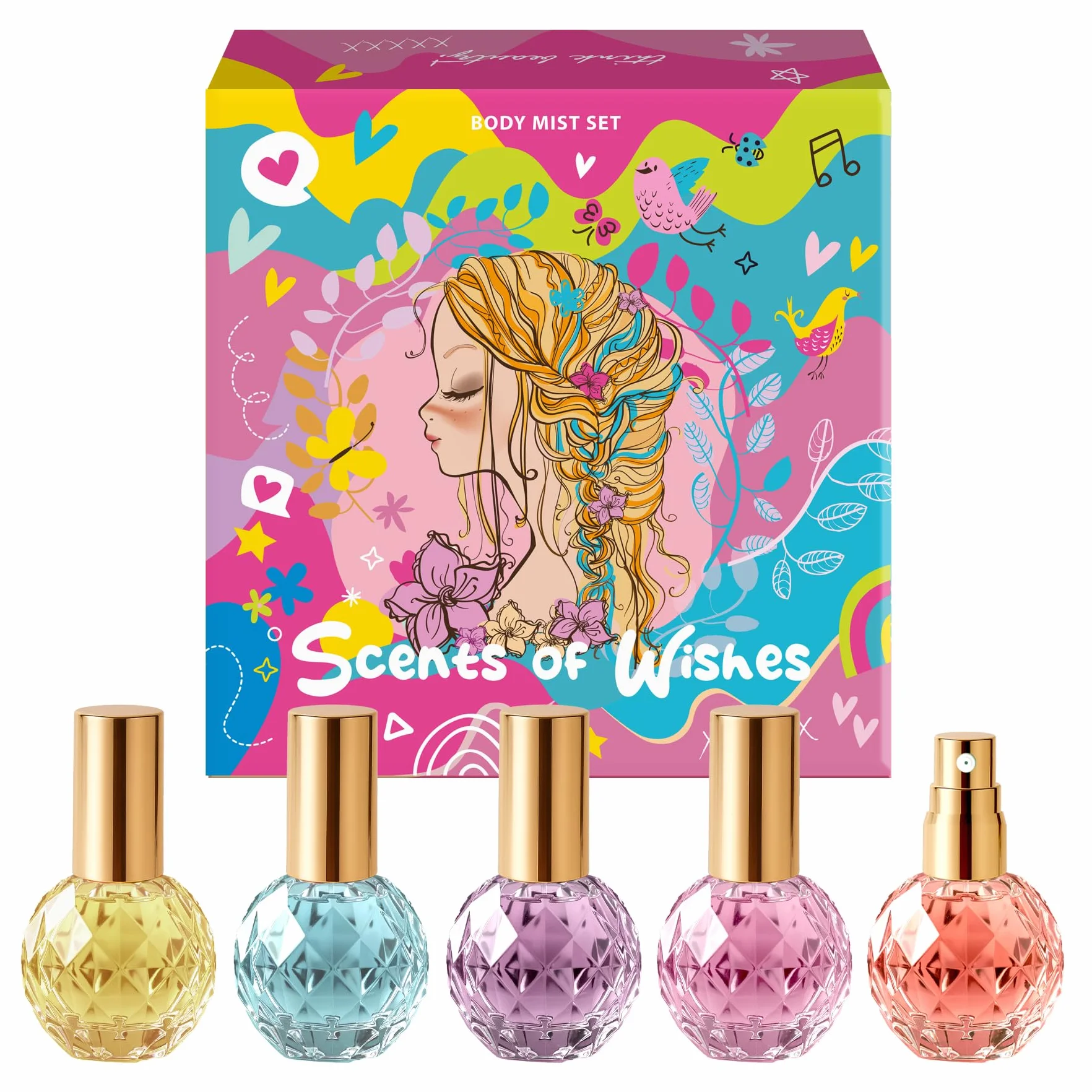 Set di Body Mist Ragazze Scents of Wishes 5 Flaconi Vetro Forma Diamante Profumi Esclusivi Bacche Frutti Agrumi Tropicale Floreale
