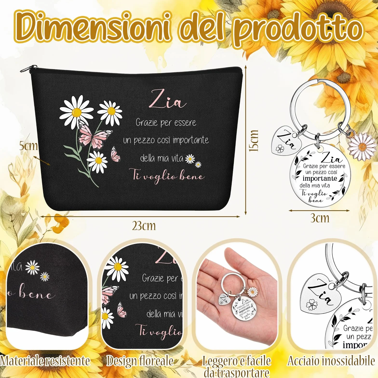 2 Pezzi Regalo per Zia Pochette Portatrucchi Portachiavi Ciondolo per Zia Compleanno Trousse per Cosmetici Borsa da Trucchi Floreale Regalini da Nipote per Donna Festa Natale(Nero)