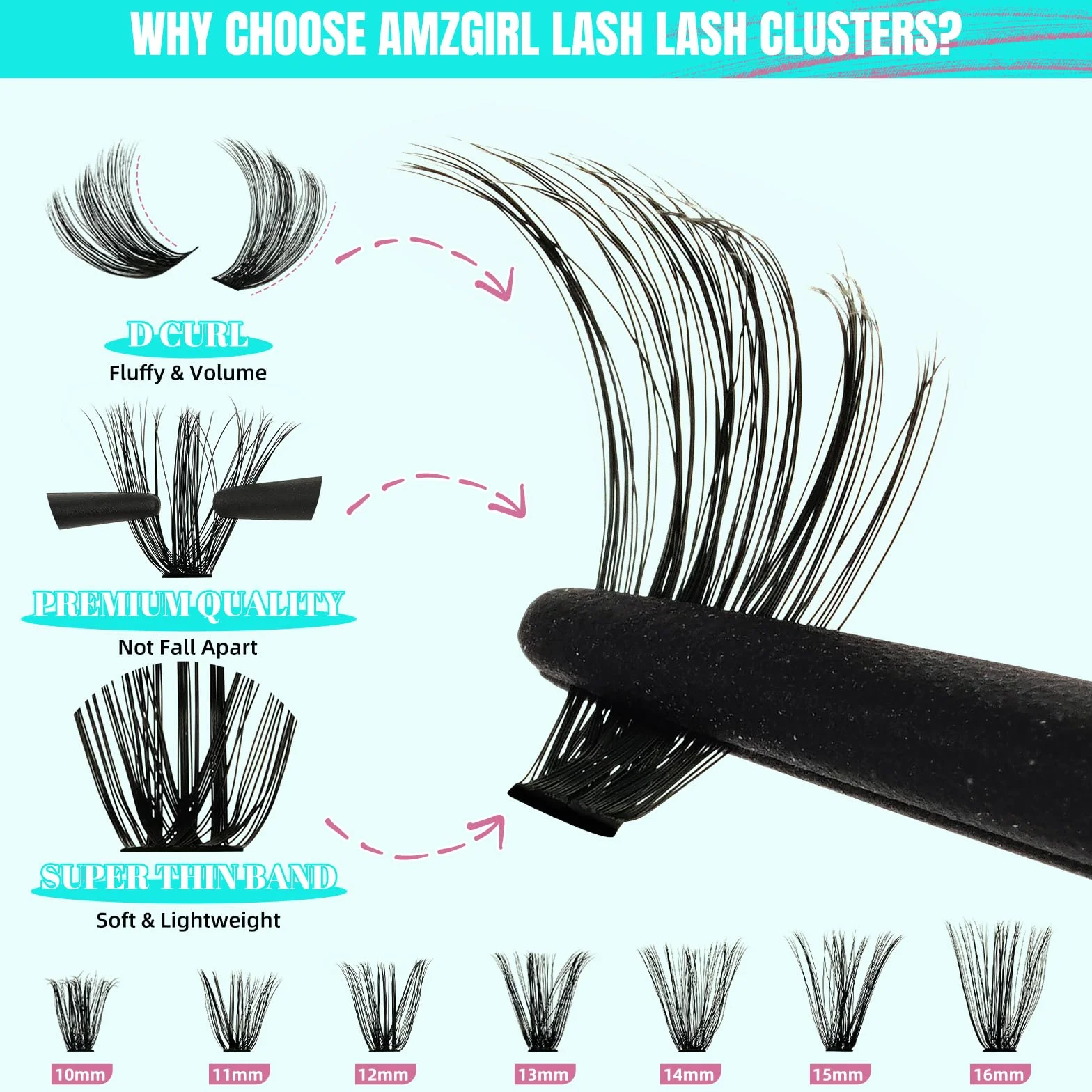 Kit Ciglia Extension 320 pezzi Cluster Lashes colla sigillante applicatore rimozione 60D D-Mix10-16mm