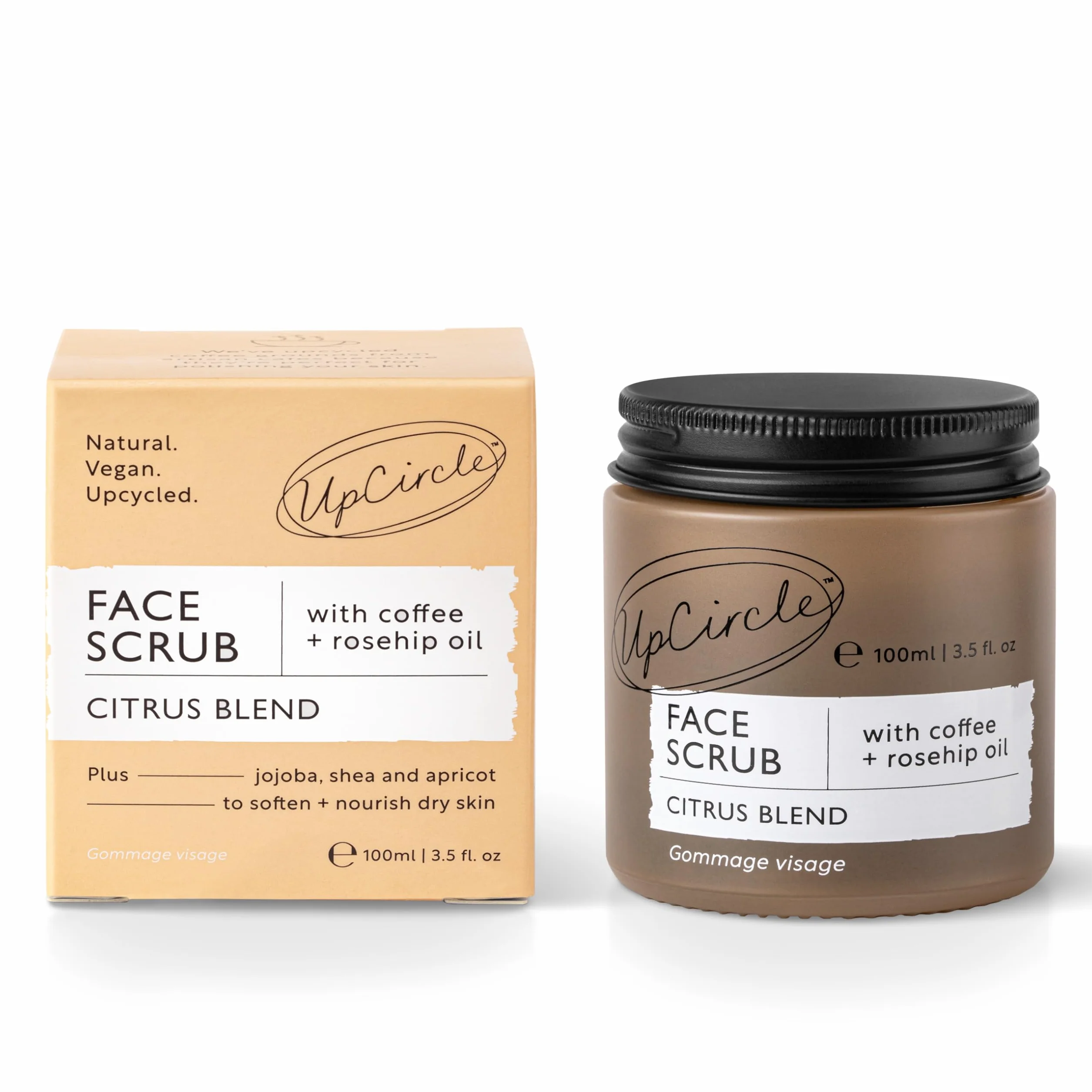 UpCircle Scrub viso al caffè - Miscela di agrumi per pelli normali e secche 100 ml - Burro di karité, cocco e olio di rosa canina - Esfoliante viso naturale e vegano per una pelle morbida e liscia