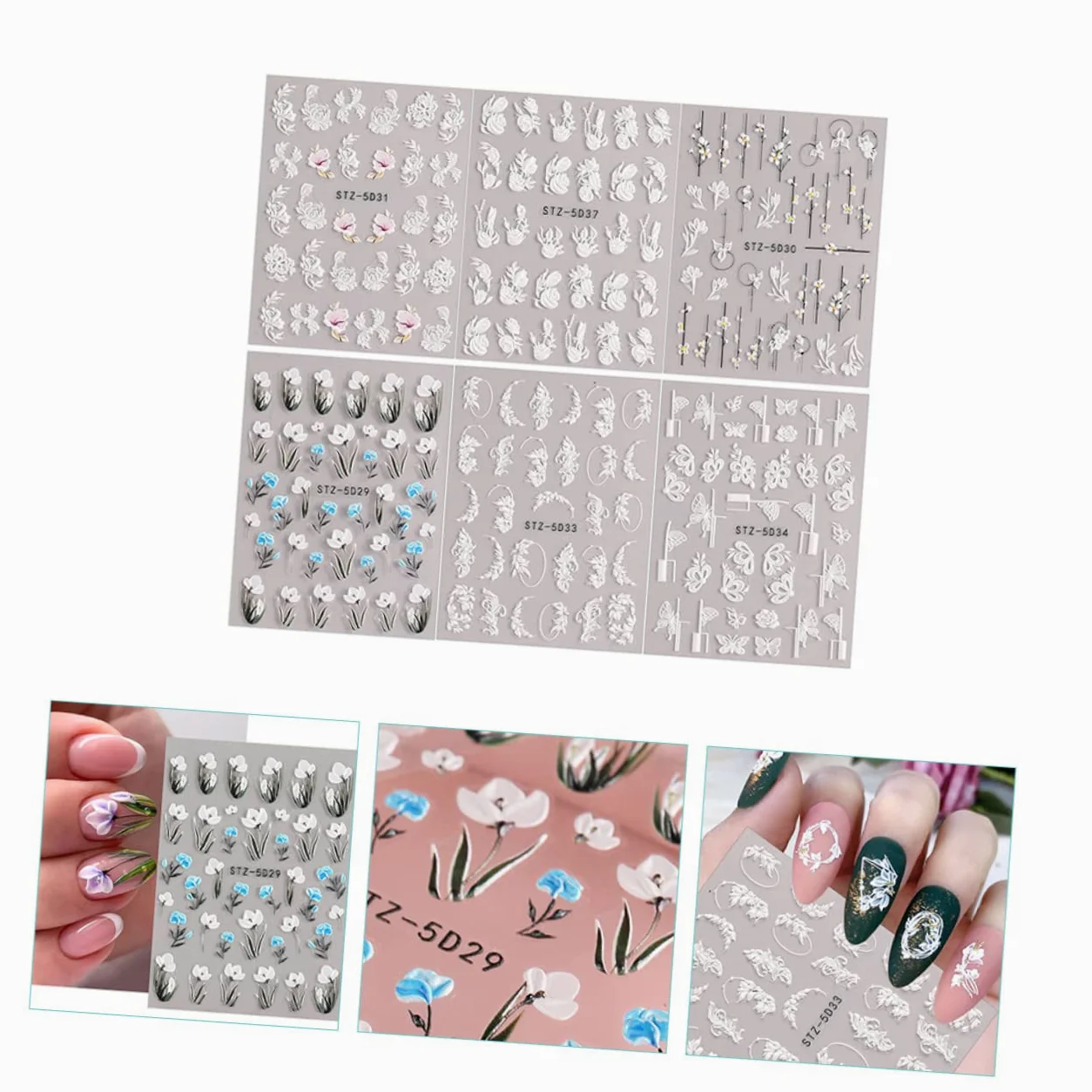 Healeved 30fogli Adesivi Per Unghie Floreali Decorazioni Per Nail Art Embossed Facili Applicare Su Unghie e Lisce Per e