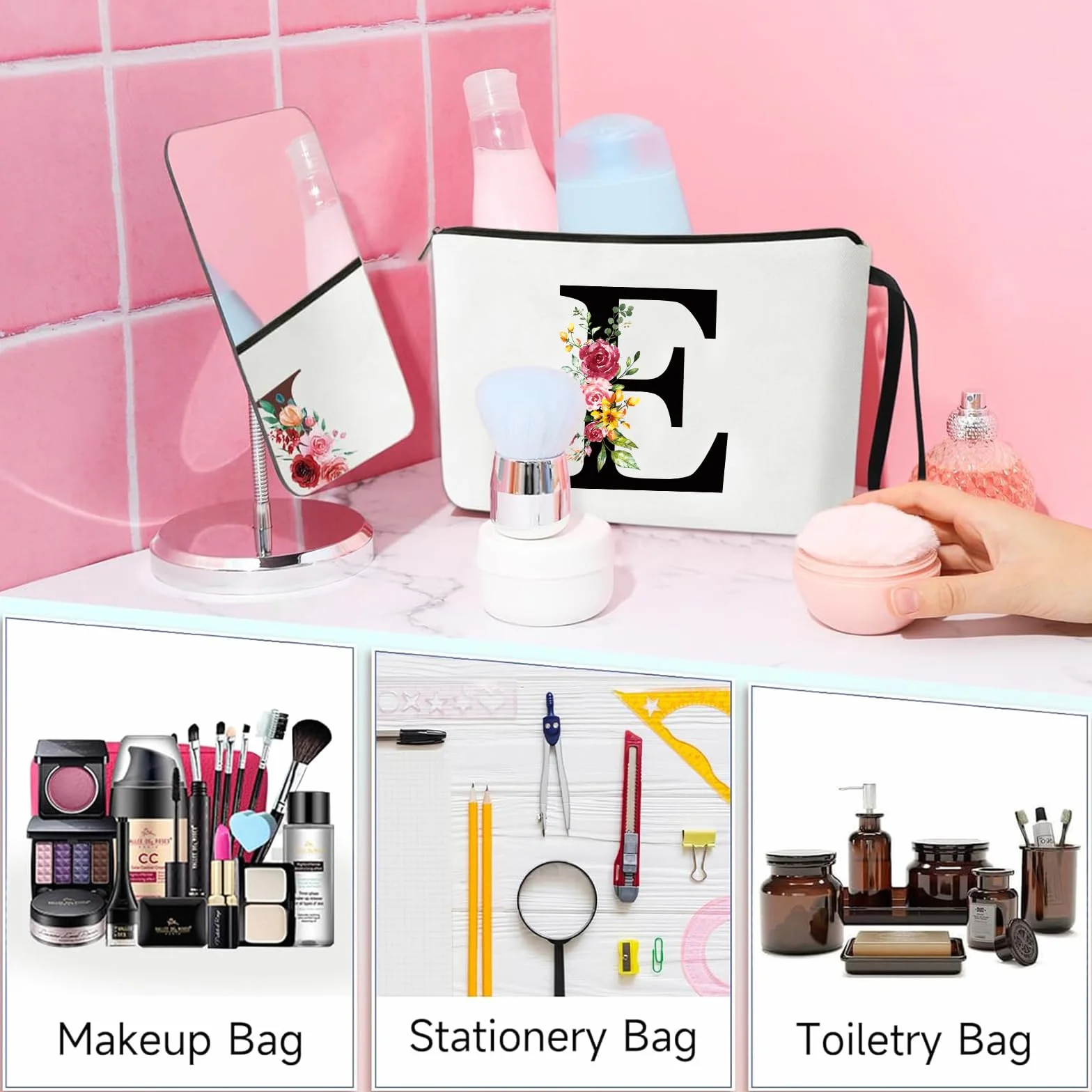 Grande Borsa Cosmetici Personalizzata Iniziale, Pochette Trucchi Viaggio, Trousse Trucchi Organizer, Regalo Compleanno Natale per Donna
