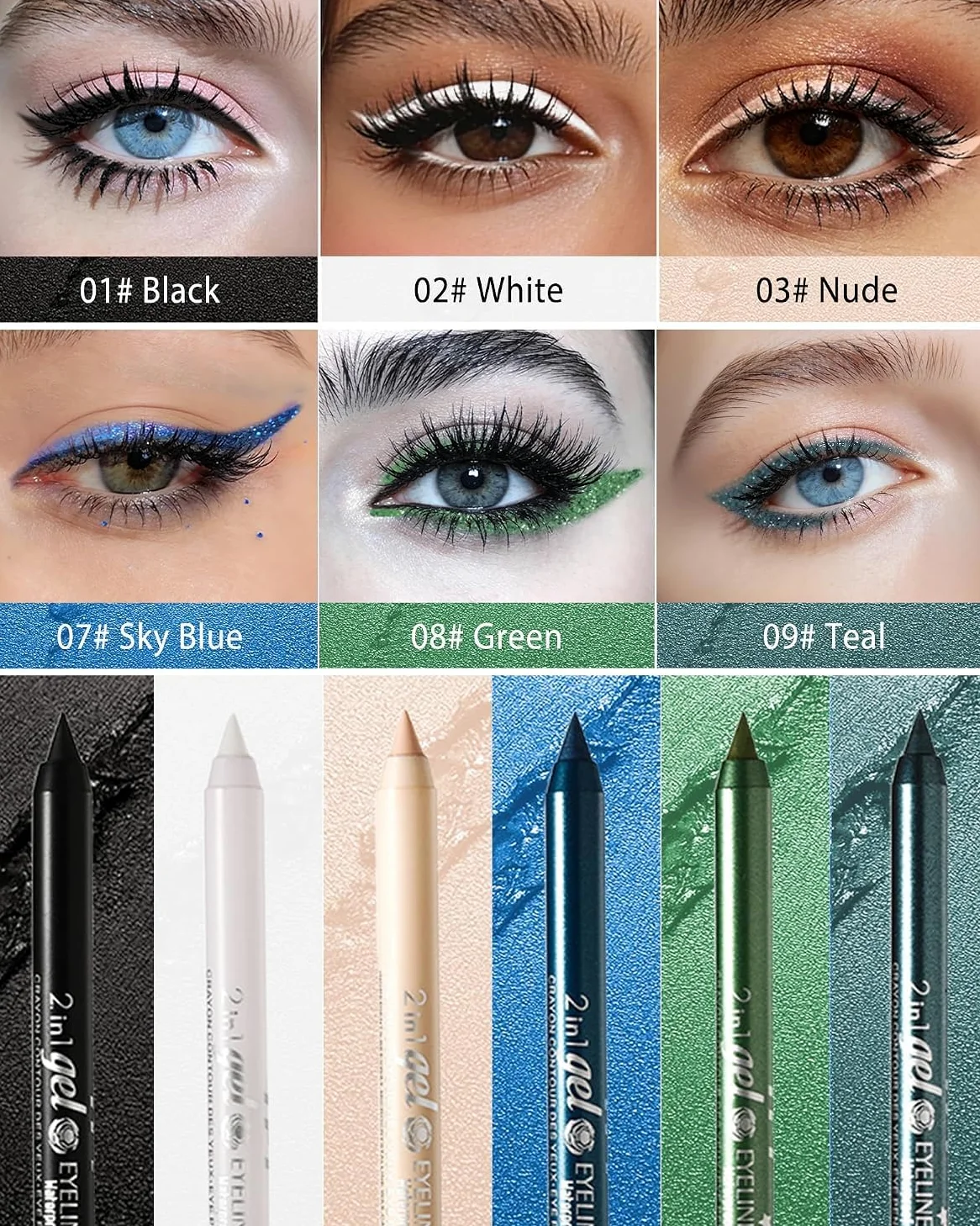 Colorato Gel eyeliner matite penna set, 6 pezzi Eyeliner impermeabile Labbra Liner Ombra d'occhio Matite sopracciglia Pen Eye Makeup ﻿ (01#+02#+03#+05#+06#+07#)