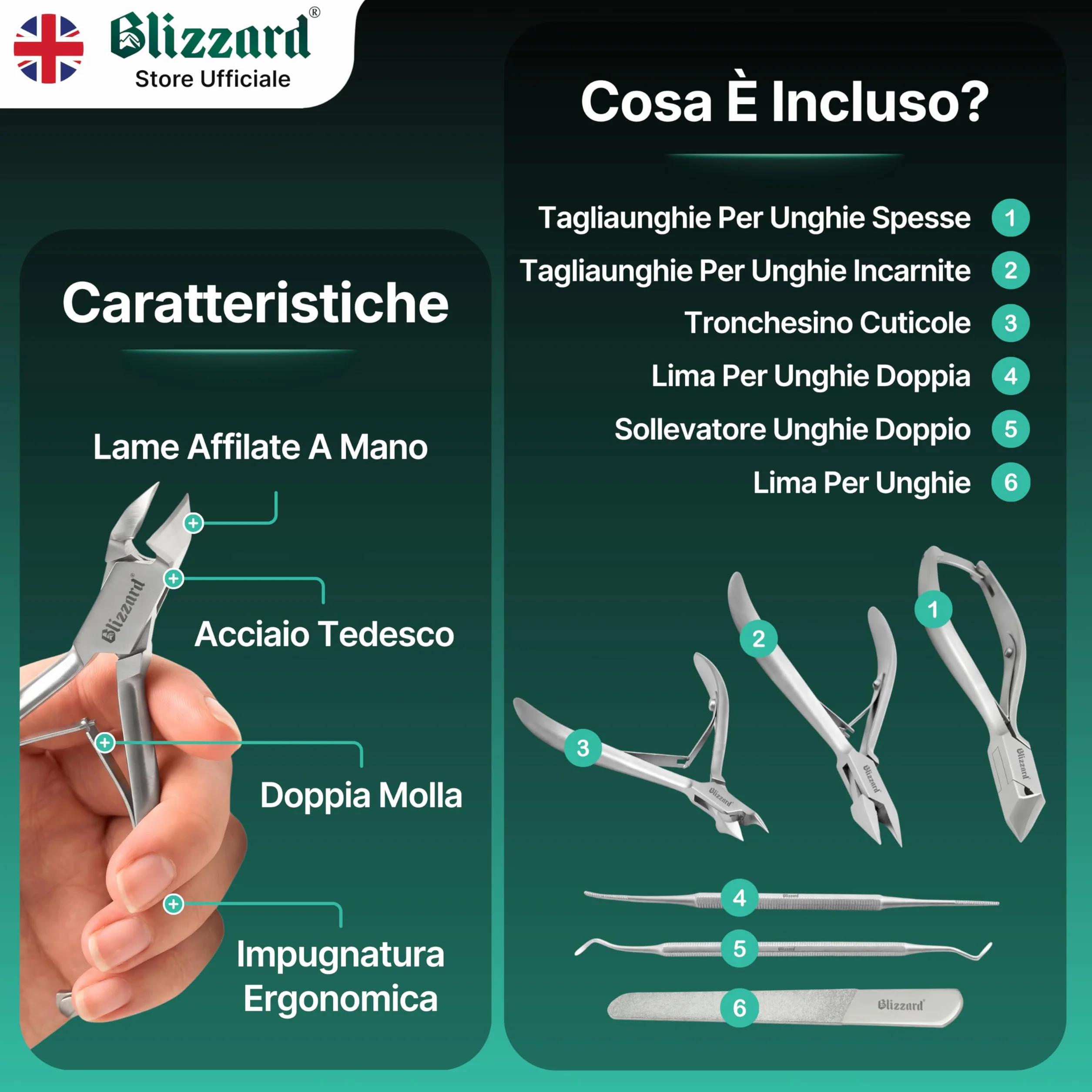 Blizzard Set Podologia 5 Pezzi Acciaio Inox - Kit Pedicure Unghie Spesse e Incarnite