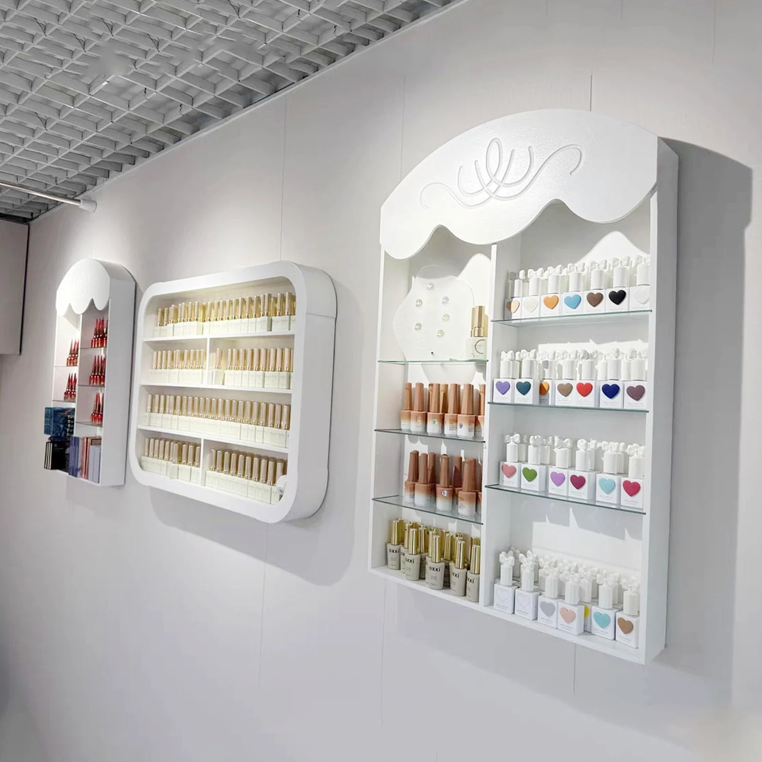 Scaffale per Smalti per Unghie Montato A Parete, Espositore per Oli Essenziali, Porta Cosmetici per Profumi da Salone, Espositore per Smalti Aperto per Uso Domestico Commerciale (Bianco),B