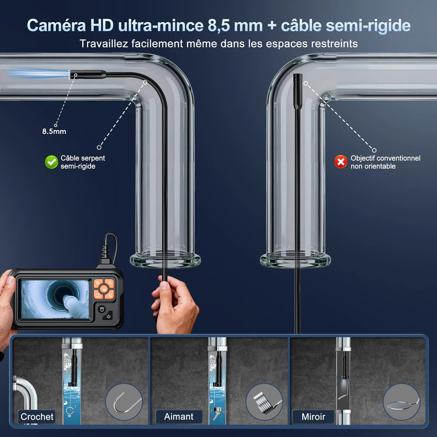 SKYBASIC Endoscopio Industriale HD 1080P 4,3 Pollici Schermo IPS IP67 Impermeabile 8 LED Cavo Semirigido 5M