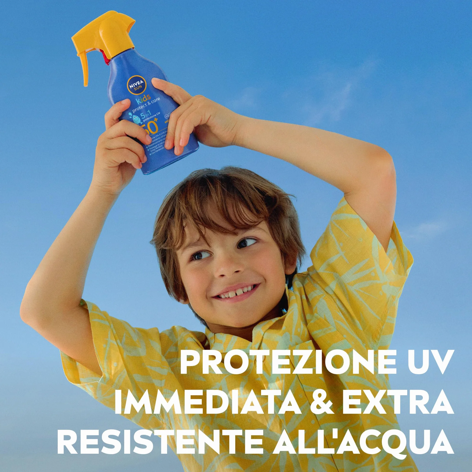 NIVEA SUN Kids Maxi Spray Protect & Care SPF 50+ 270 ml Crema Solare Bambini 3+ Anni Protezione Solare 50 Spray Extra Resistente Acqua Sudore Pantenolo Vitamina C & E