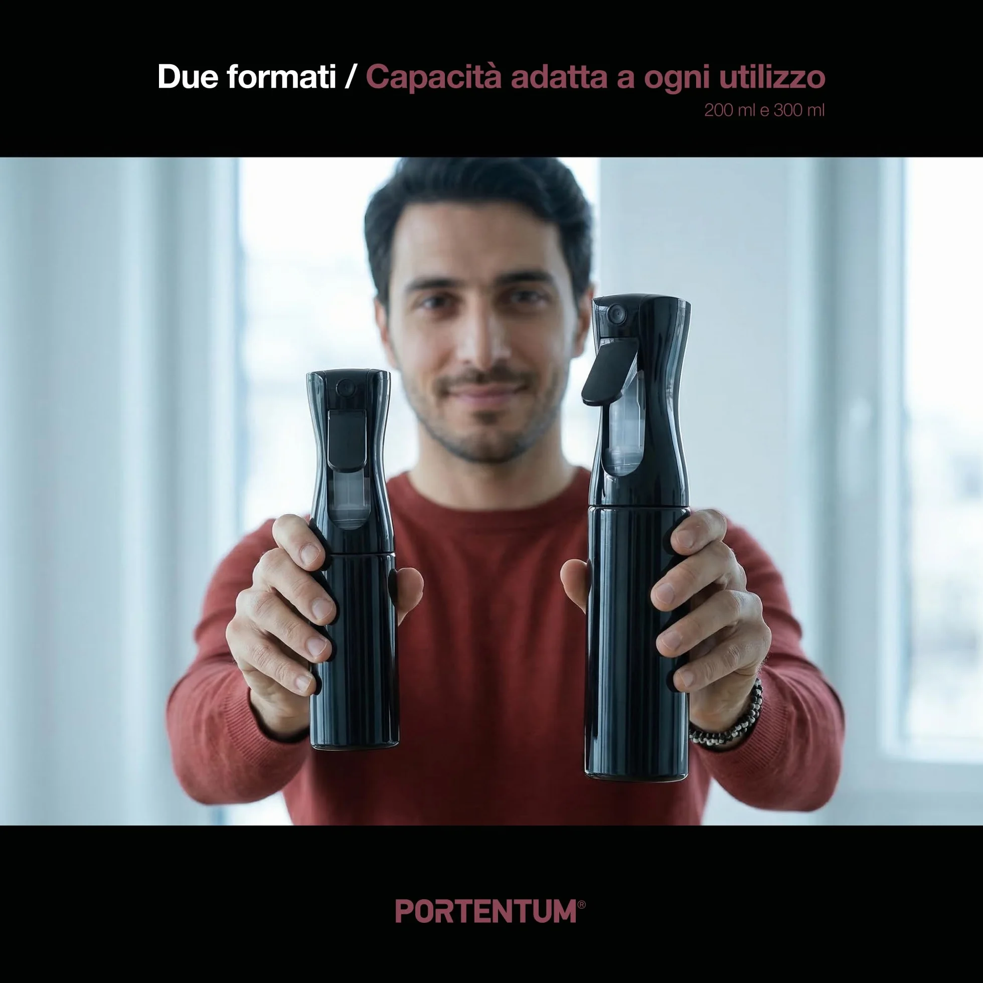 PORTENTUM Spruzzatore acqua 200 ml Vaporizzatore ricaricabile a nebbia fine spruzzo continuo ergonomico