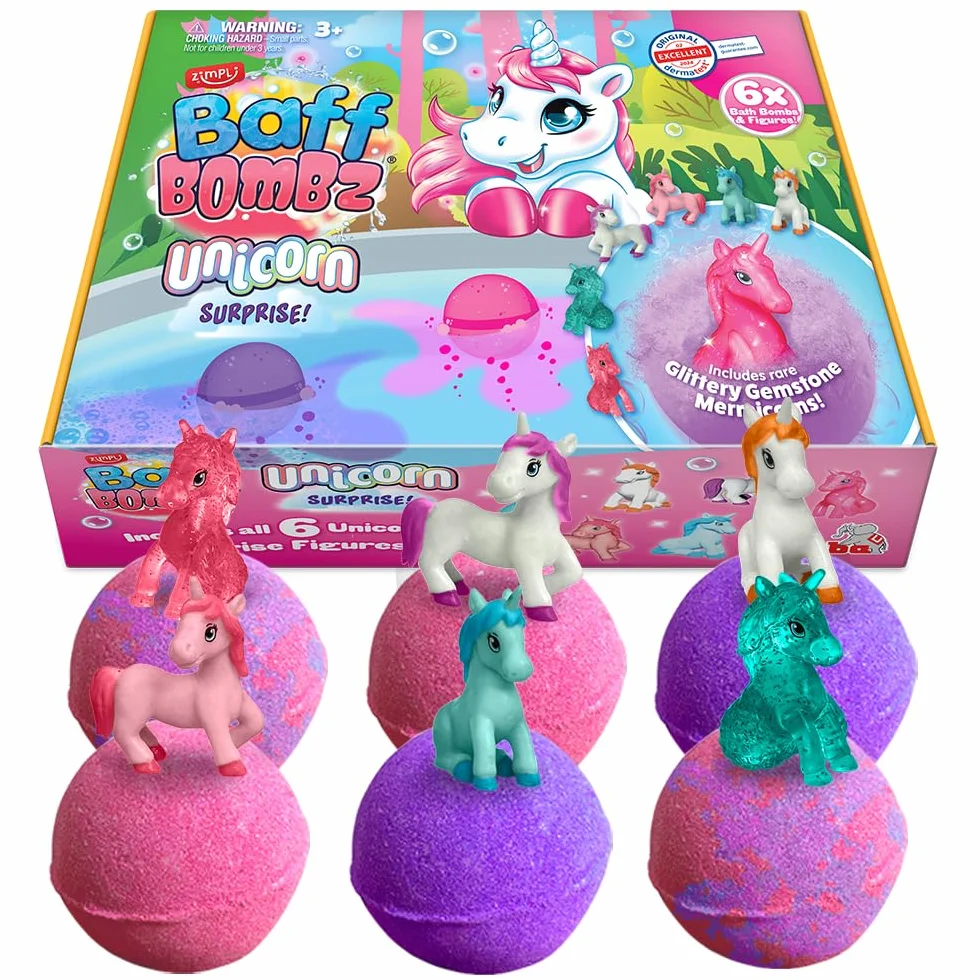 ZIMPLI Grandi Bombe da Bagno Unicorno a Sorpresa, 6 Giocattoli Inclusi, Set Regalo per Bambine