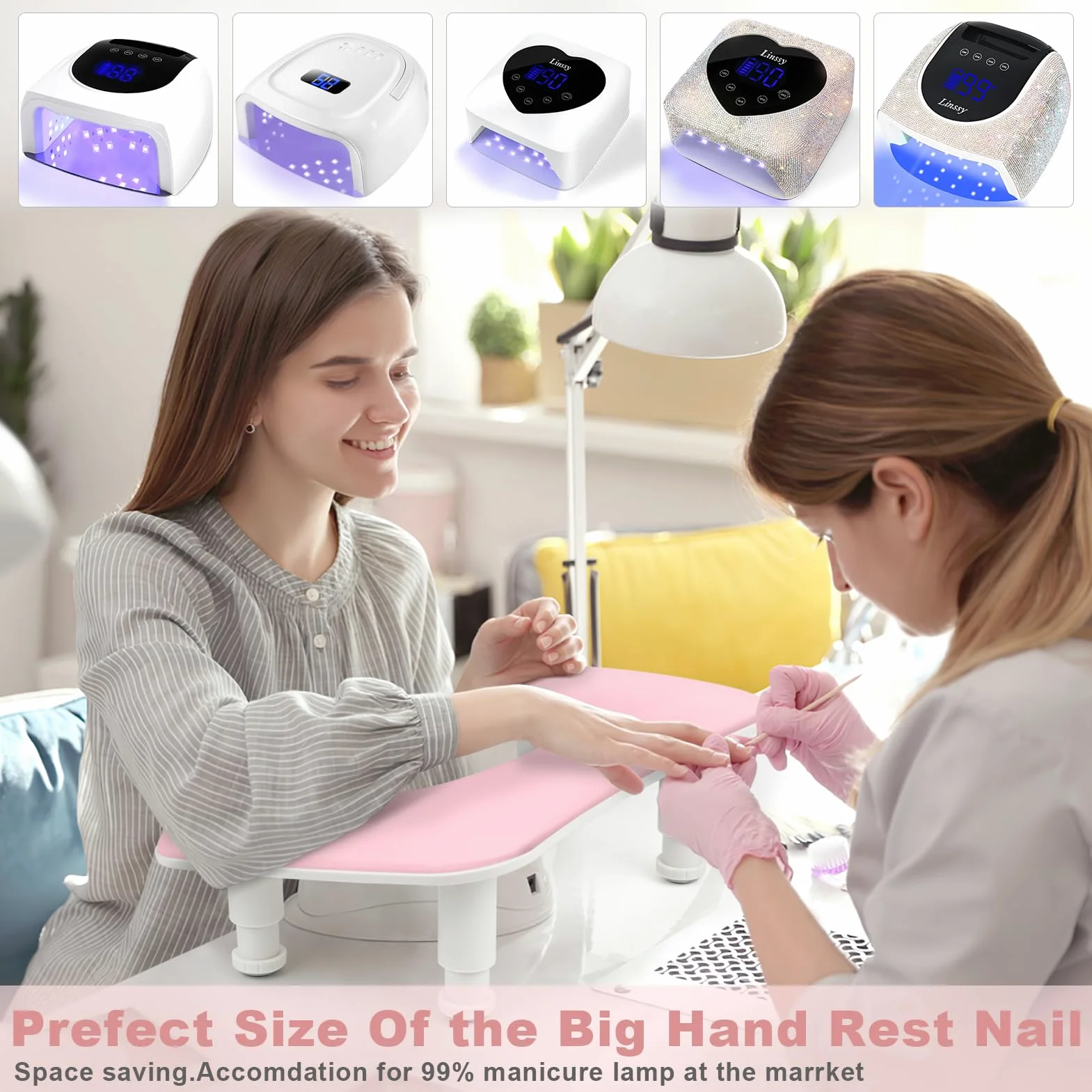 Bracciolo per Nail Tech, regolabile in altezza a forma di U per manicure, grande poggia mano in pelle PU in microfibra per nail tech, bracciolo professionale per salone di bellezza (bianco) (rosa)
