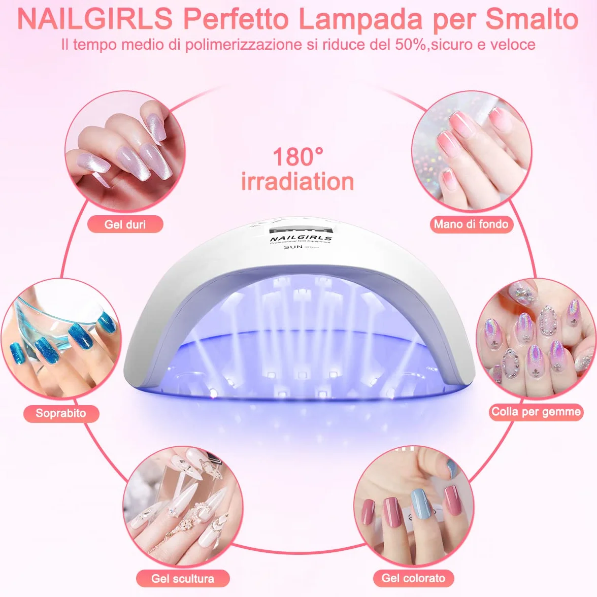 NAILGIRLS Lampada UV per Unghie 150W Portatile Asciuga Smalto LED 4 Modalità Timer Display LCD