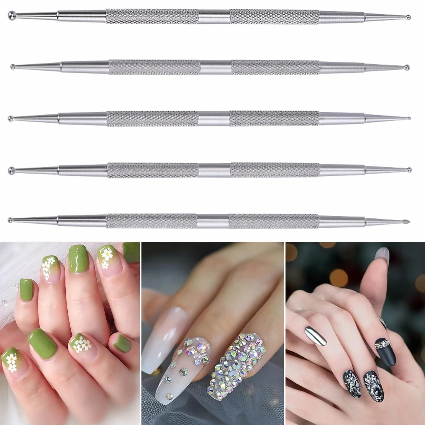 5 Pezzi Strumenti Nail Estremità Sfera, Strumenti Punteggiatura, Strumento Punteggiare Acciaio Inossidabile, Pennello Unghie Acciaio, Pennelli Unghie, per Disegni Unghie Smalto Gel, Intaglio, Ecc