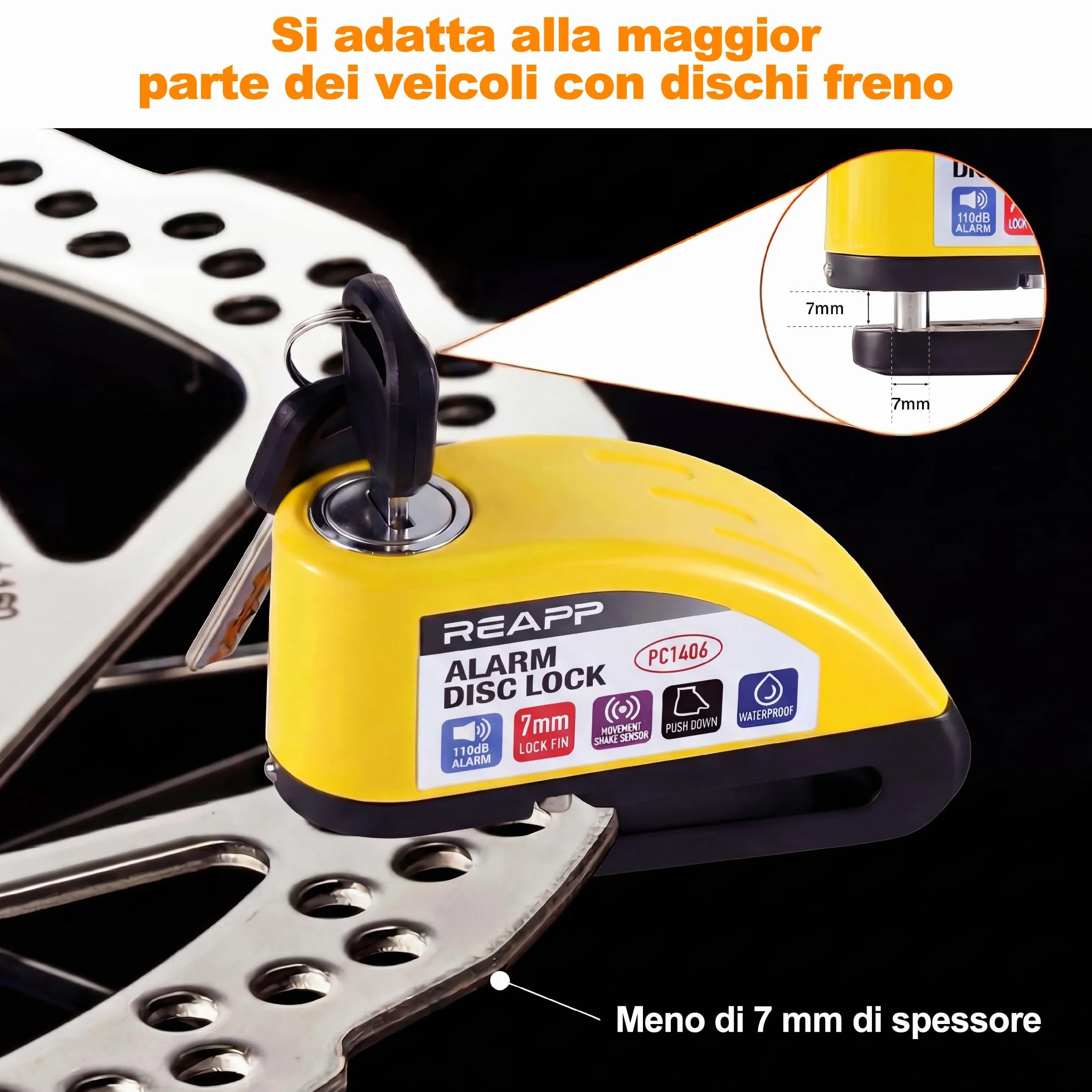 REAPP Lucchetto Moto Antifurto con Allarme Sonoro 110DB, Blocca Disco per Bici Motorino Moped Motocross, 2 Chiavi
