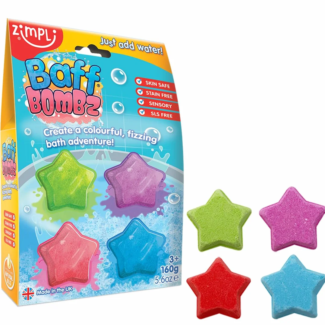 ZIMPLI - 4 x Baff Bombz Stella, Crea un’avventura colorata e frizzante durante il bagnetto, Bombe da Bagno Frizzanti, Giocattolo da Bagno, Idee per Calze di Natale