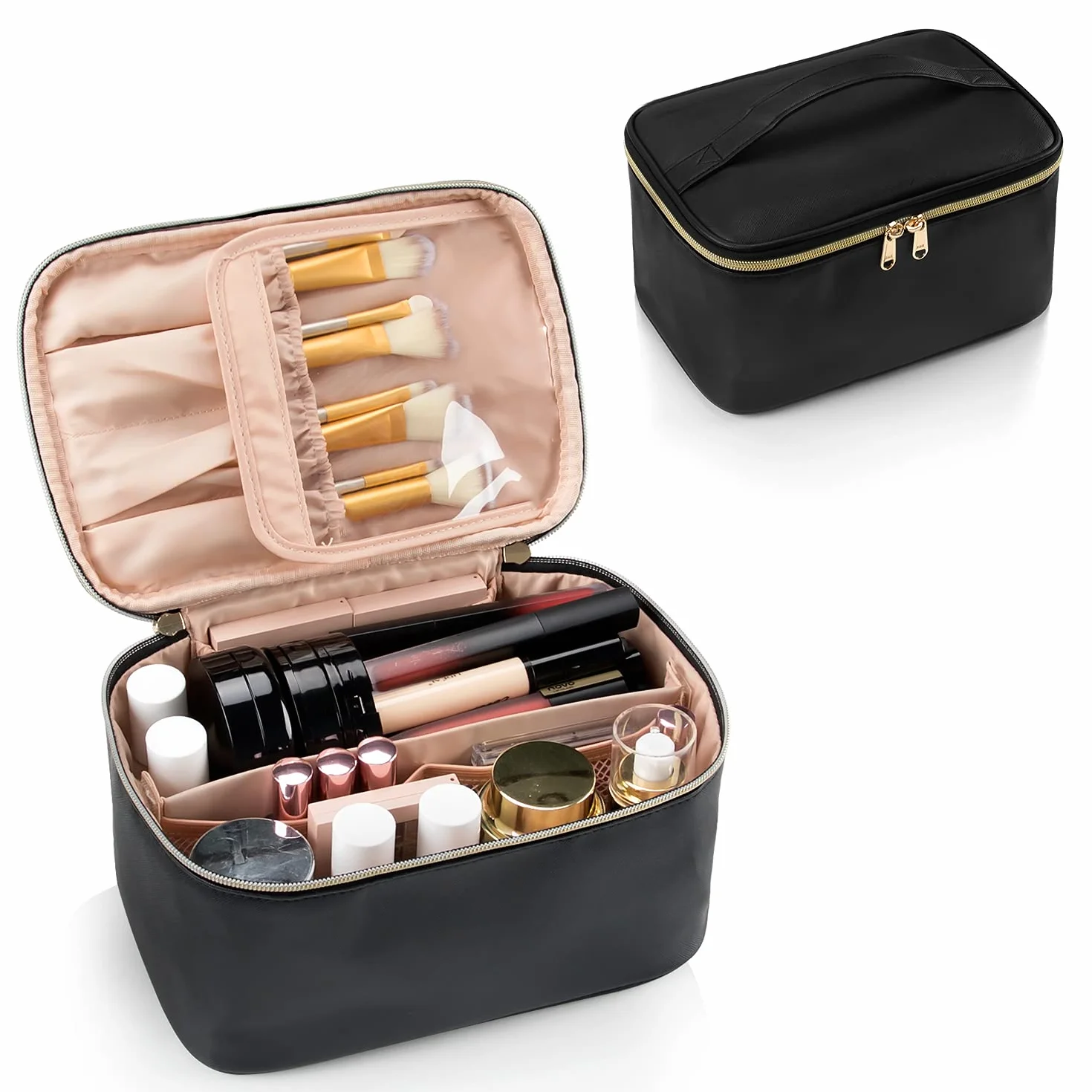 Borsa per il trucco, borsa cosmetica portatile, organizer per il trucco da viaggio, grande capacità, nera per donne, borsa da toeletta per ragazze con manico e divisorio da viaggio, A-Nero, Da viaggio