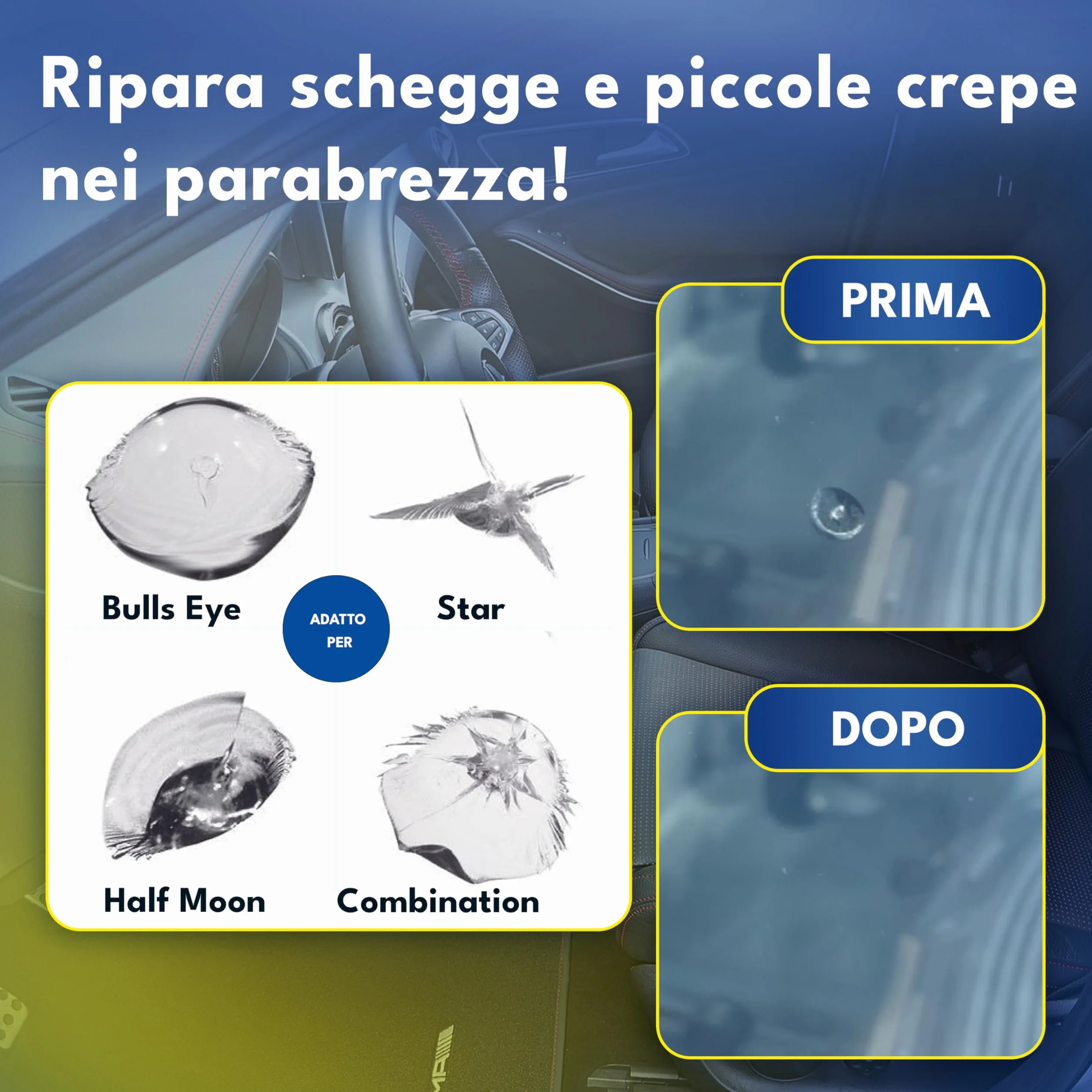 ATG® Kit riparazione parabrezza auto – Resina riparazione vetro per crepe e scheggiature
