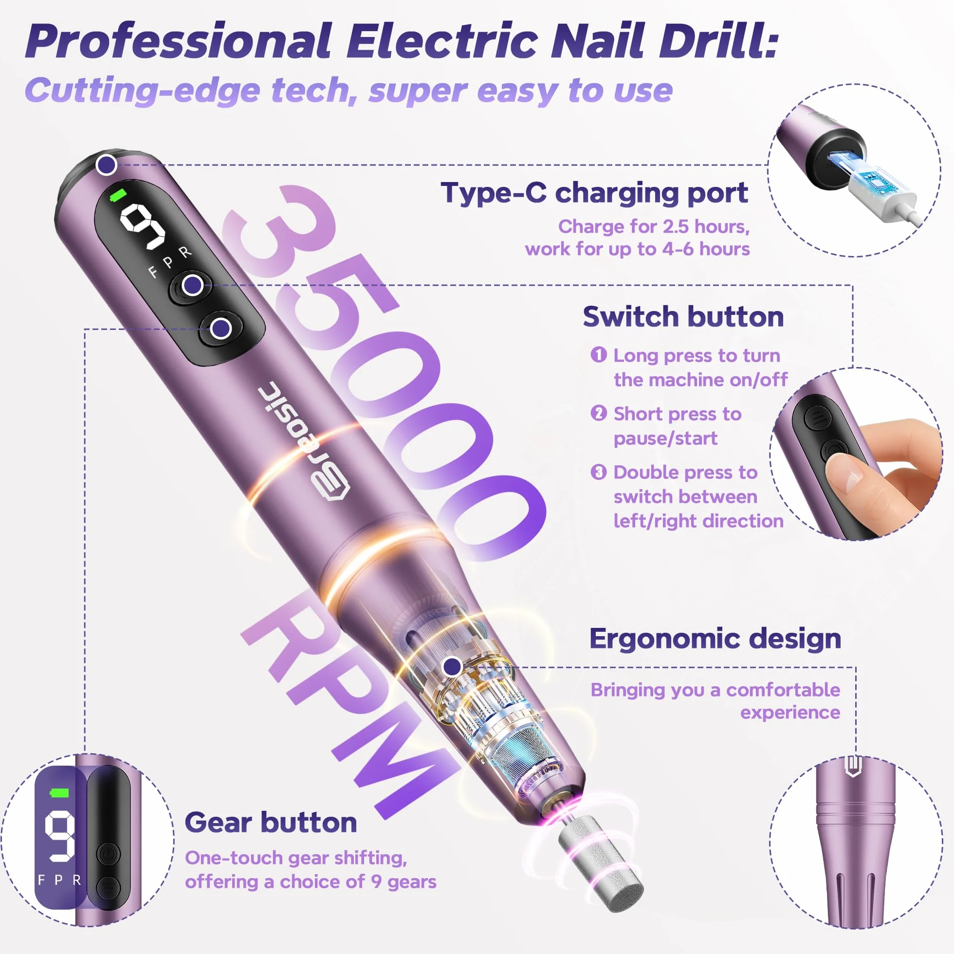 Fresa per Unghie Professionale 35000 Giri Lima Elettrica con Schermo LED 12 in 1 Trapano per Unghie Senza Fili Velocità Regolabile (Viola)