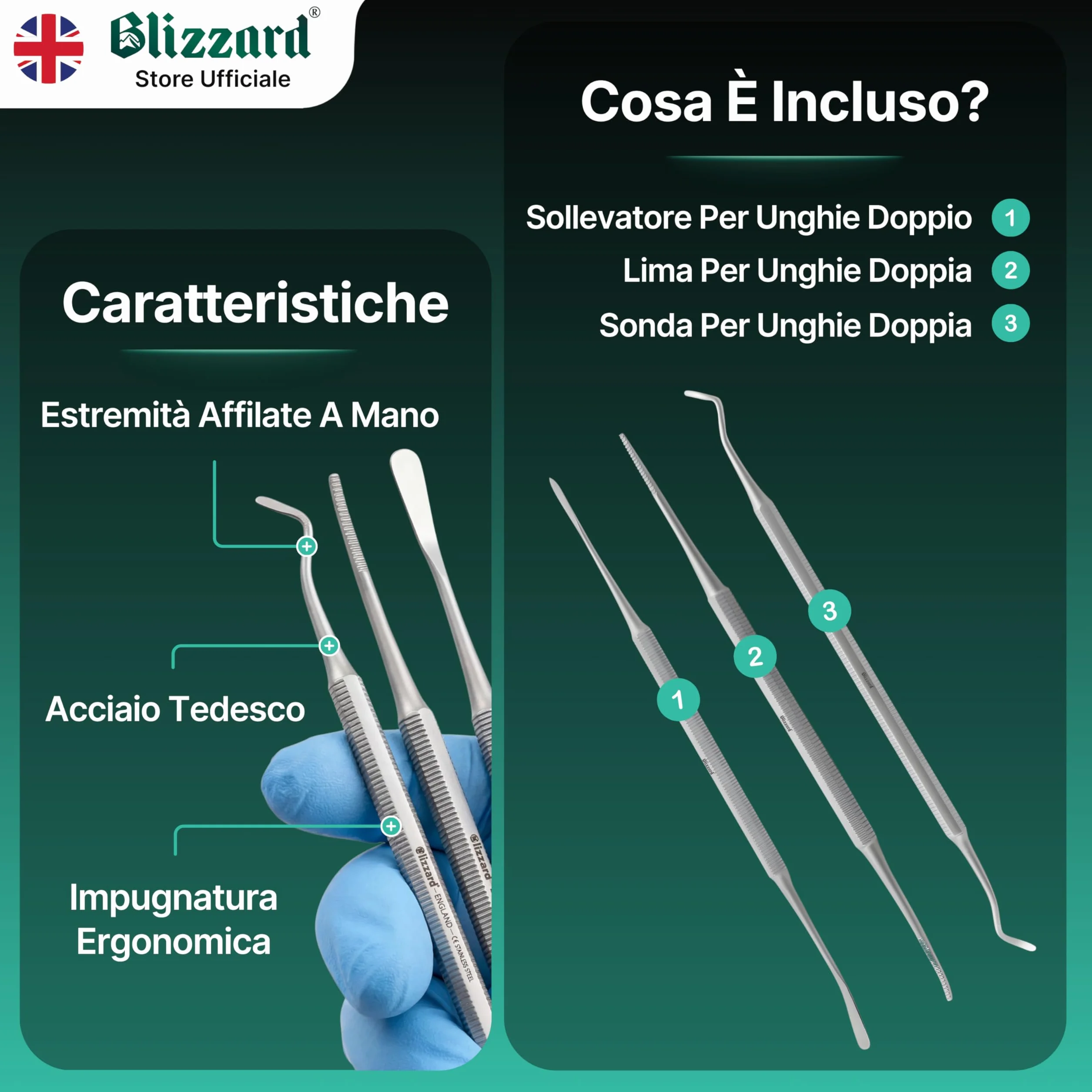 Blizzard Kit Pedicure Professionale 3 Pezzi Ferri da Podologo per Unghie Incarnite Acciaio Inox
