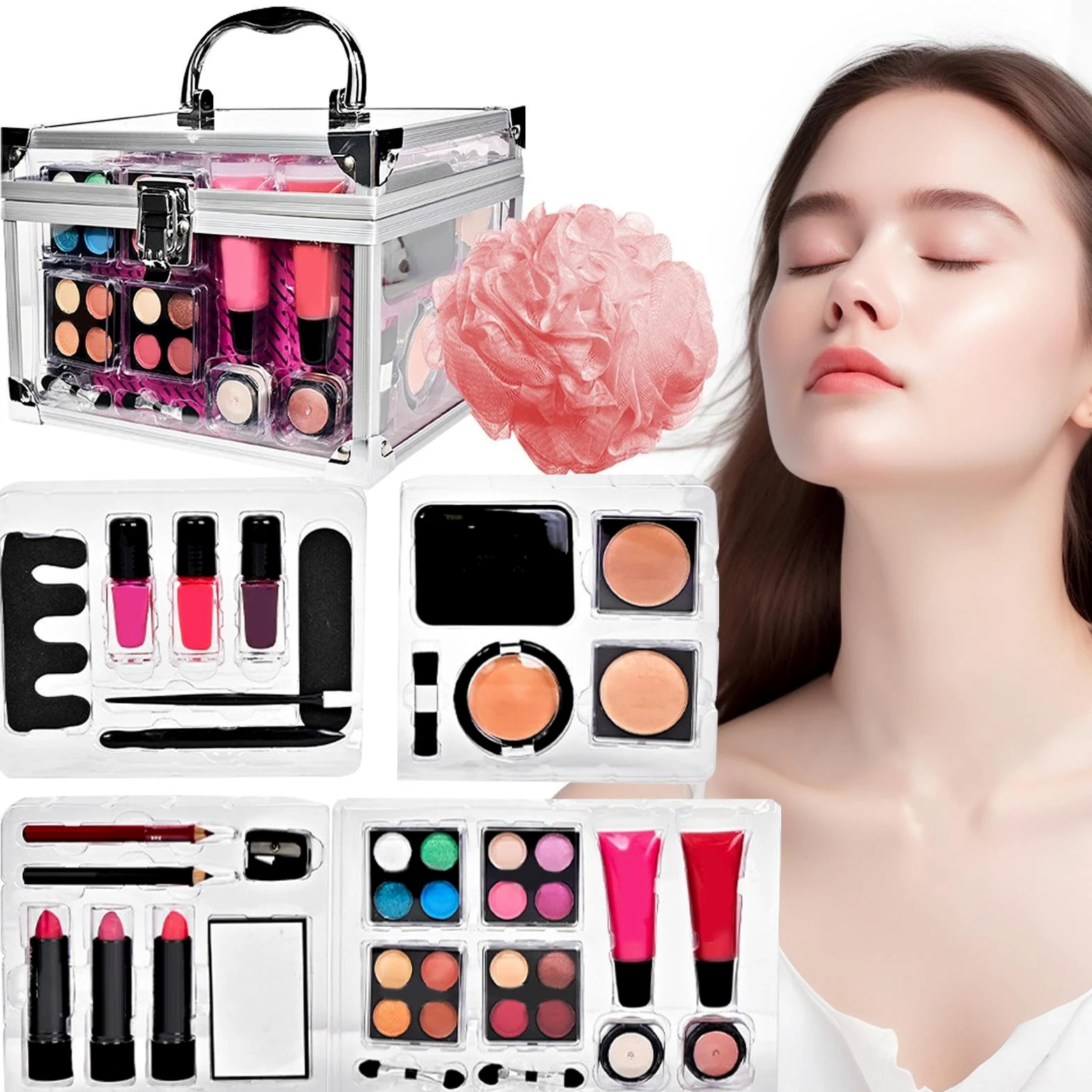 Kit Di Trucco Per Donna Set Da Viaggio Compatto Con | Portatrucchi con Ombretti Fard Pennelli per Adolescenti Viaggio Teatro Matrimonio Sposa Halloween