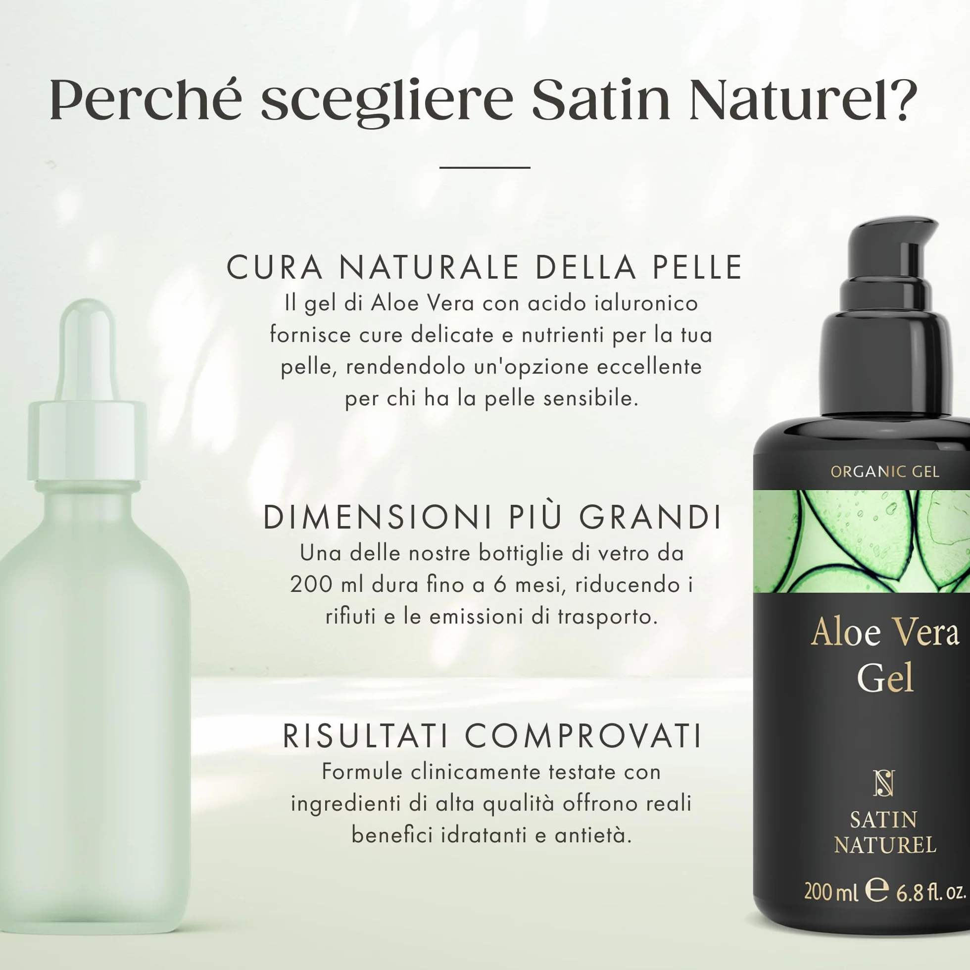 Satin Naturel Gel Aloe Vera Bio 200 ml – 100% Vegano & Cosmetica Naturale – Gel di Aloe Vera Concentrato – Con Acido Ialuronico & Pantenolo – After Sun per Viso, Corpo e Capelli
