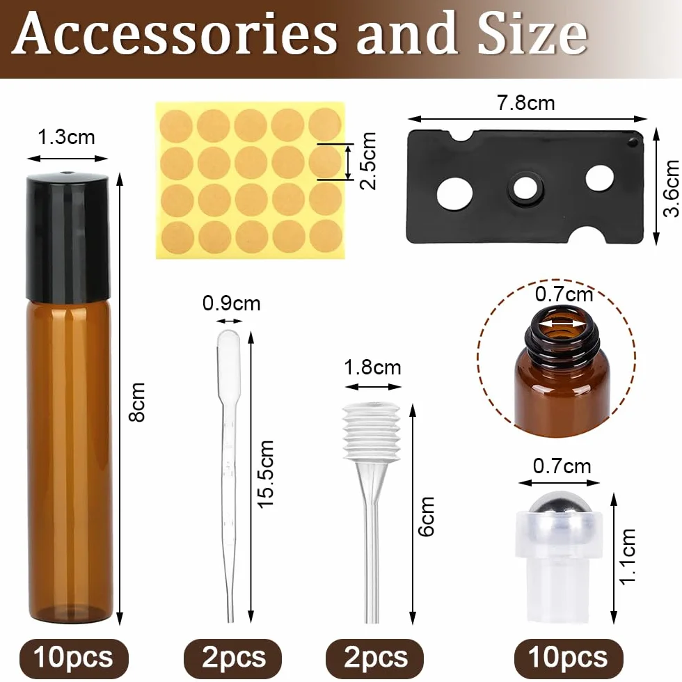 rollon oli essenziali, confezione di olio da 10 pezzi, colore marrone, bottiglia vuota da 10 ml, ricaricabili con sfera in acciaio inox, per oli, profumi, cosmetici, profumi, massaggi.
