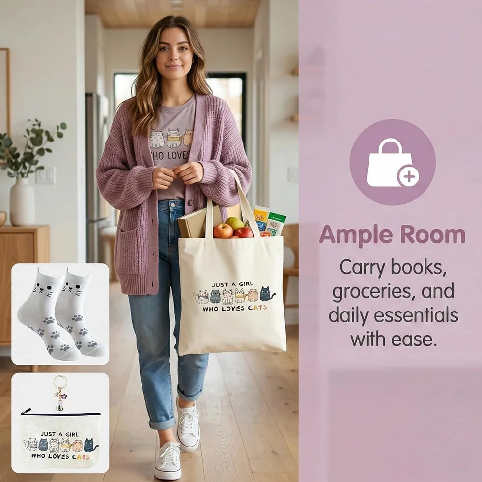 Set Regalo ：Borsa Tote Canvas, Borsetta per Trucco, Calzini & Braccialetto - Regalo per Donne, Ragazze