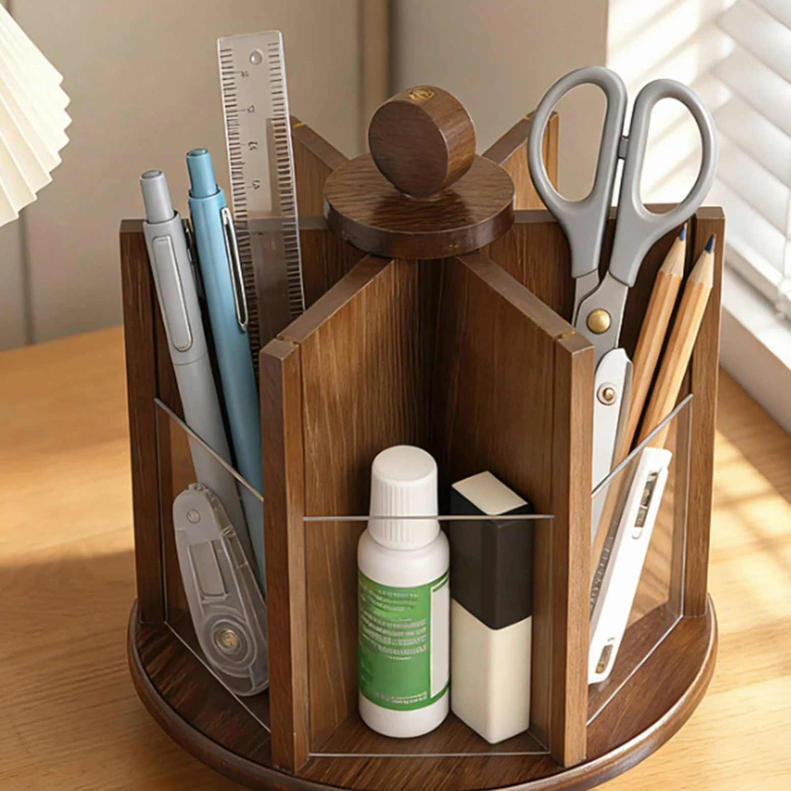 Organizer Rotante Porta Cosmetici Porta Trucco Porta Pennelli Porta Gioielli Realizzato in Bambù E Acrilico con Rotazione a 360 Gradi Adatto per Donna Scrivania Casa, Brown