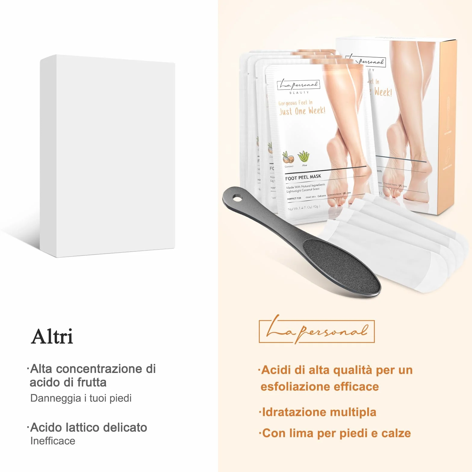 LA.PERSONAL Maschere Piedi 5 paia Peeling Piedi con Raspa Piedi e Calzini, Maschera Esfoliante Piede, Lisci e Morbidi, Maschere Piede Idratante Per Tallone Secchi Screpolati, Pelle morta e Calli