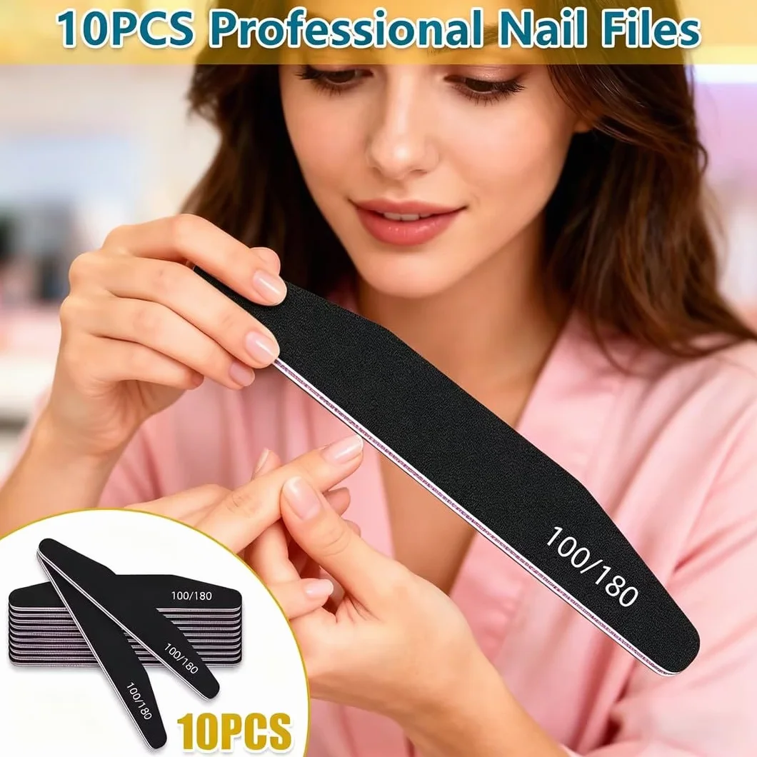 elzle 10 Pezzi Lime per Unghie Professionali, Lima per Unghie 100/180 Doppia Faccia con Mezza Luna Bilaterale, Set per Cura Unghie Lavabile Strumenti Manicure (Nero)