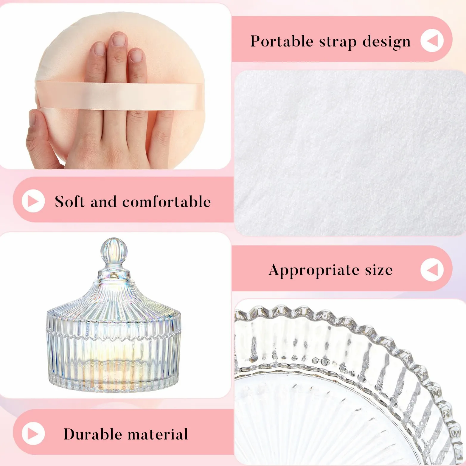 Tioncy 3 spugnette extra large per cipria e contenitori, 14 cm, contenitori in cristallo con spugnetta in velluto da 13 cm, contenitore in vetro per trucco da donna (abbagliante)