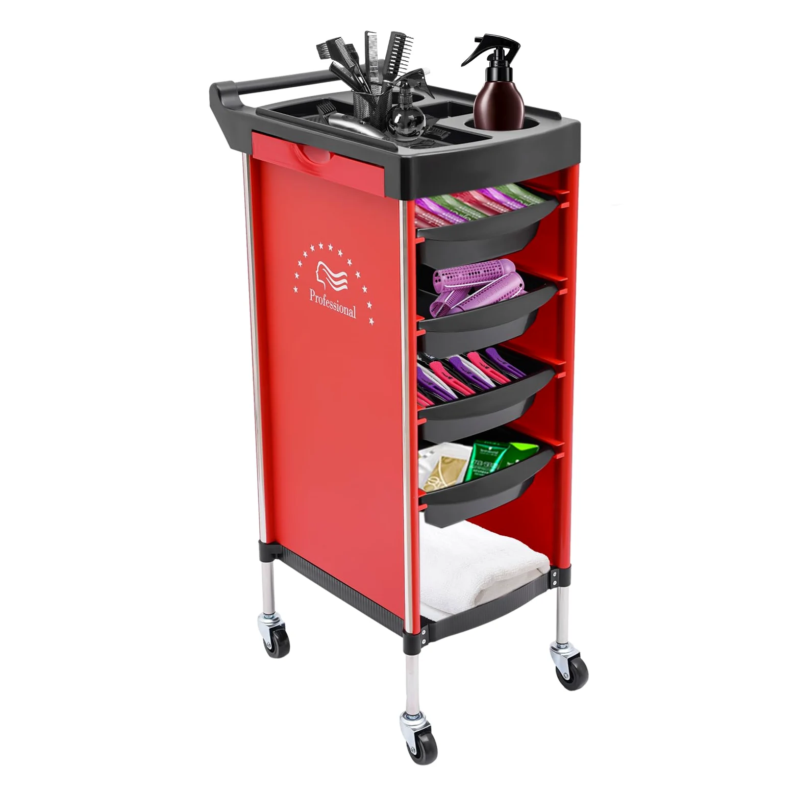 Carrello per Parrucchiere Professionale con 4 cassetti e Ruote Stile Spa (Rosso)