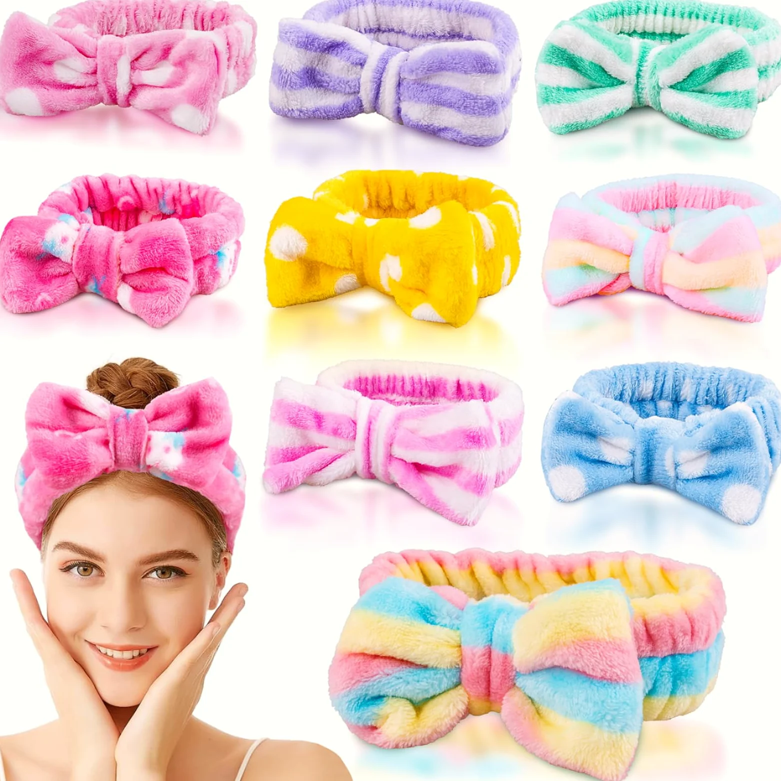 9 fasce per capelli per trucco, spa, fasce per capelli con fiocco, per lavare il viso, trucco, doccia, spa, in microfibra, regalo per ragazze e donne