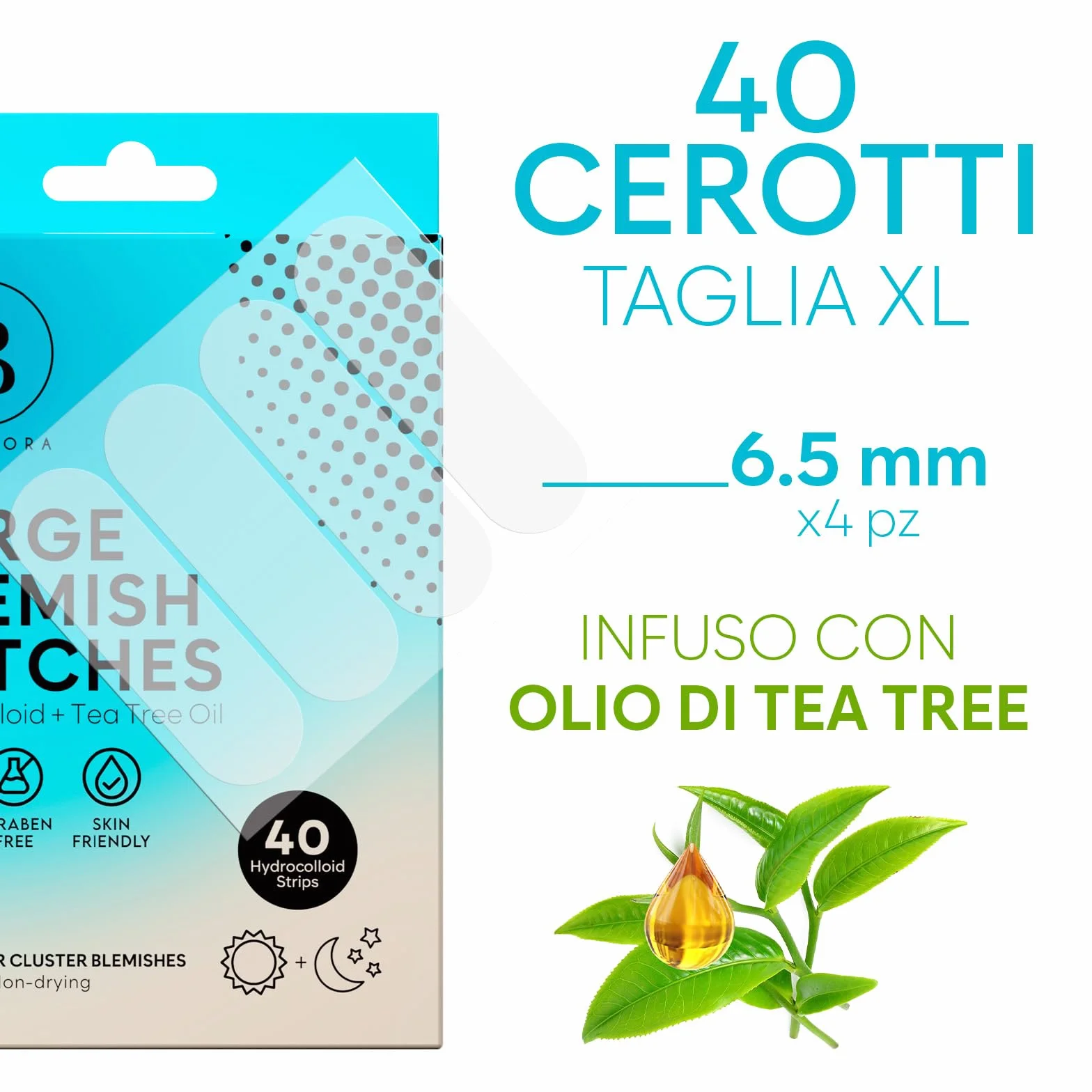 BLOOMORA Patch Brufoli Grandi – Hydrocolloid Pimple Patch con Olio di Tea Tree, Cerotti Brufoli per Viso e Corpo, Ideale per Aree Estese (40 Pezzi)