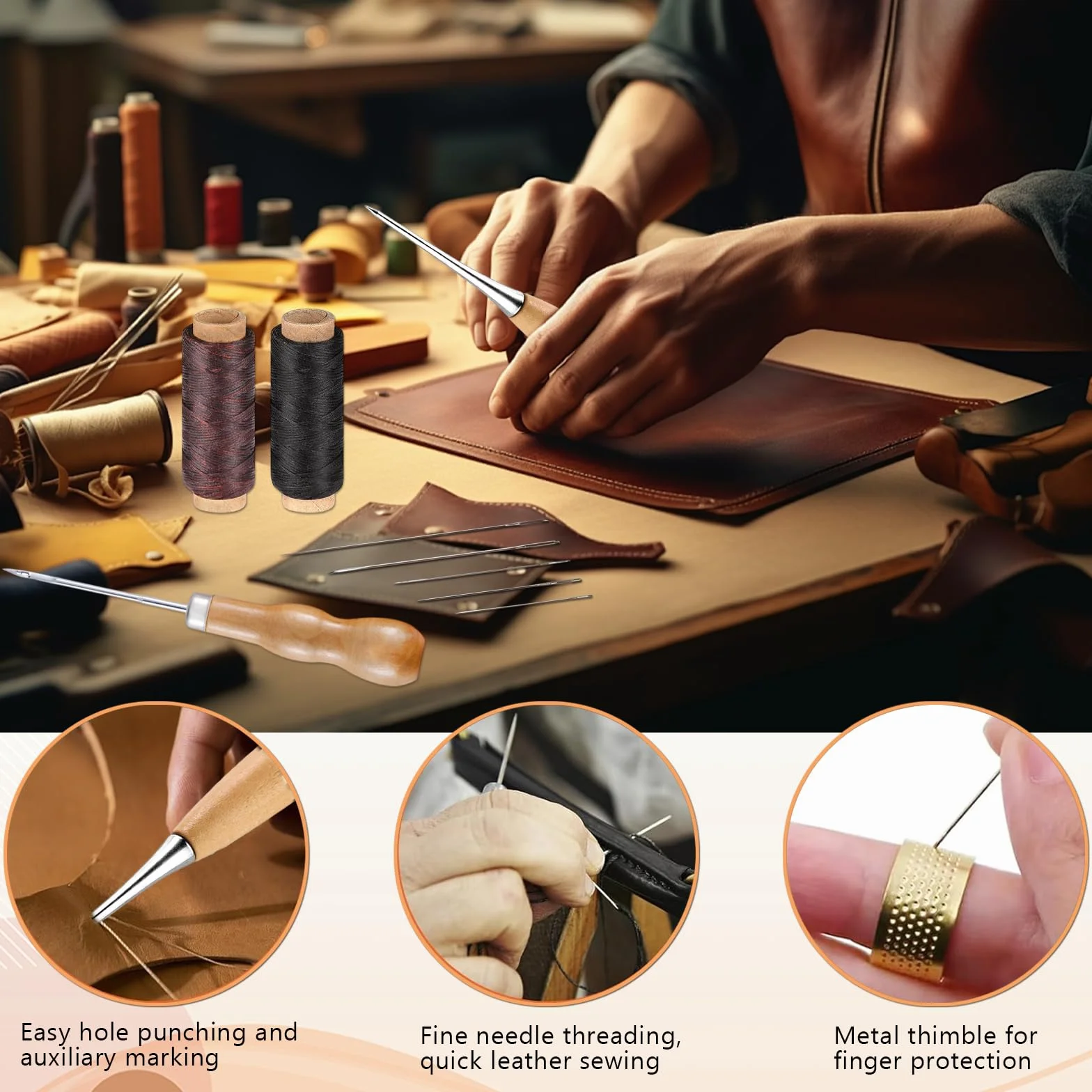 Kit da Cucito per Pelle: Set Completo con Filo Cerato, 7 Aghi, 2 Awl, e 1 Ditale - Perfetto per Riparazioni e Progetti in Pelle